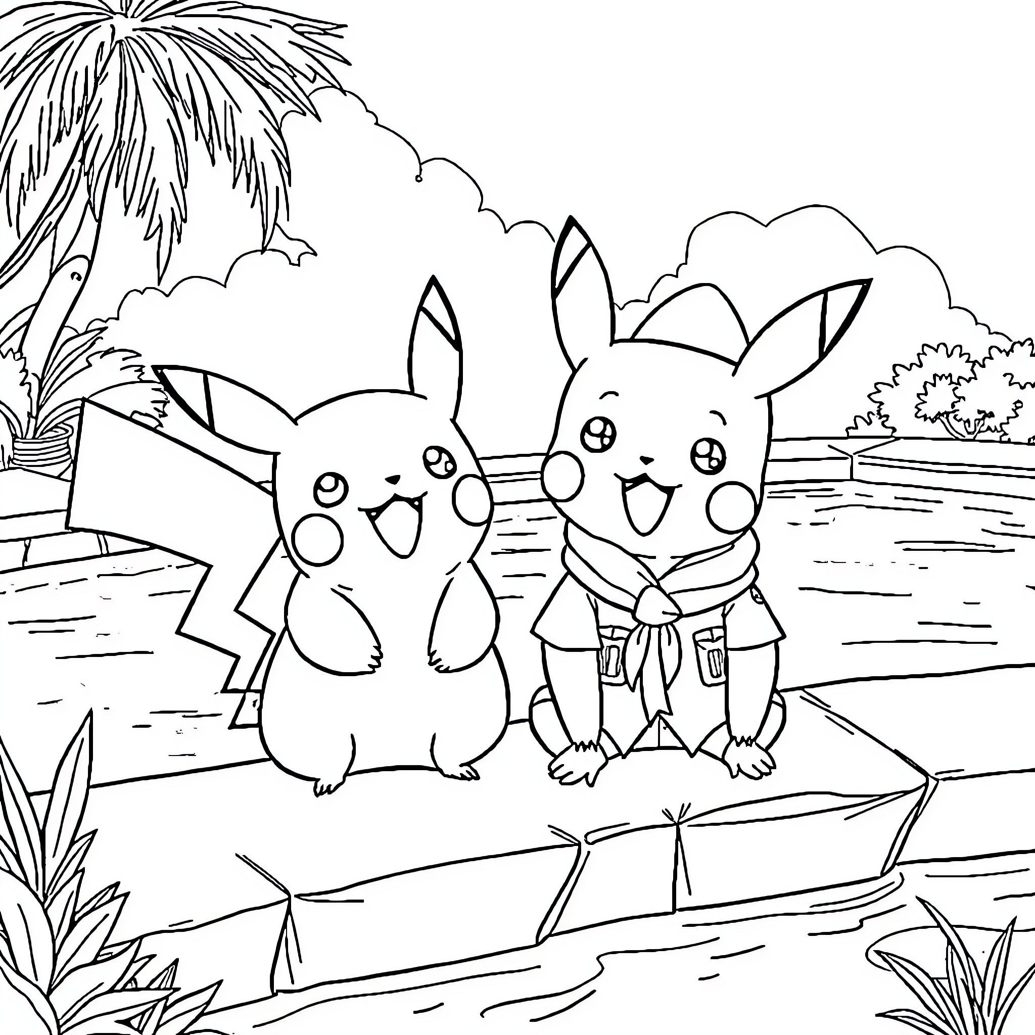 Pikachu enjoying tropical island with friends Coloring Page (free black-and-white line drawing printable PDF for all, from beginners to advanced learners, including children, teens, adults, and seniors)