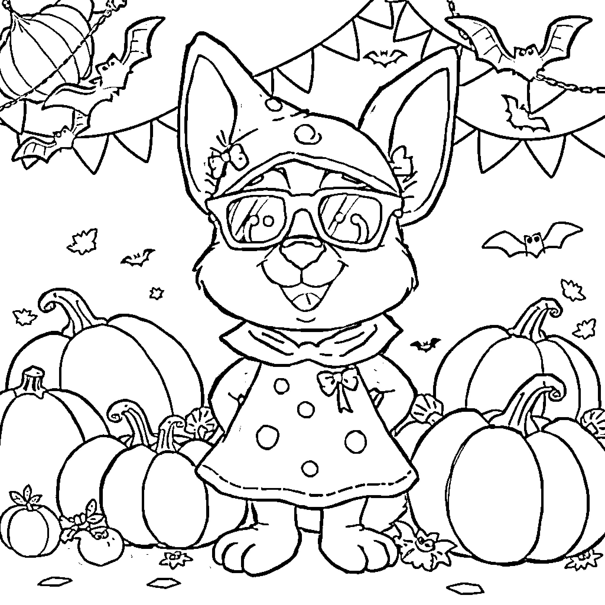 Bluey enjoys the festive Halloween scene Coloring Page (free black-and-white line drawing printable PDF for all, from beginners to advanced learners, including children, teens, adults, and seniors)