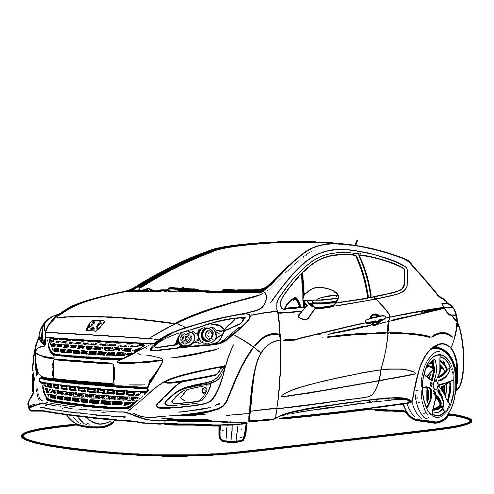 Peugeot hatchback with sporty design Coloring Page (free black-and-white line drawing printable PDF for all, from beginners to advanced learners, including children, teens, adults, and seniors)