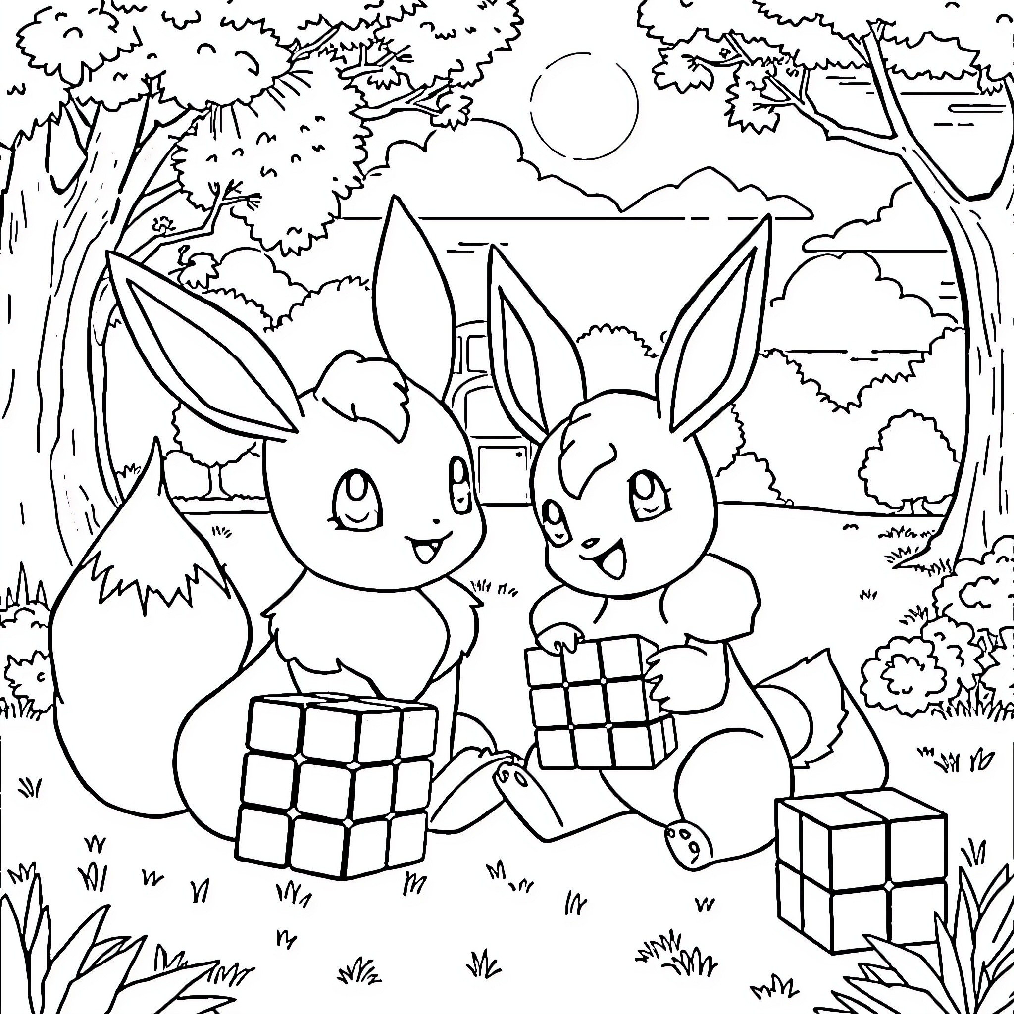 Eevee buddies playing with puzzles in the forest Coloring Page (free black-and-white line drawing printable PDF for all, from beginners to advanced learners, including children, teens, adults, and seniors)