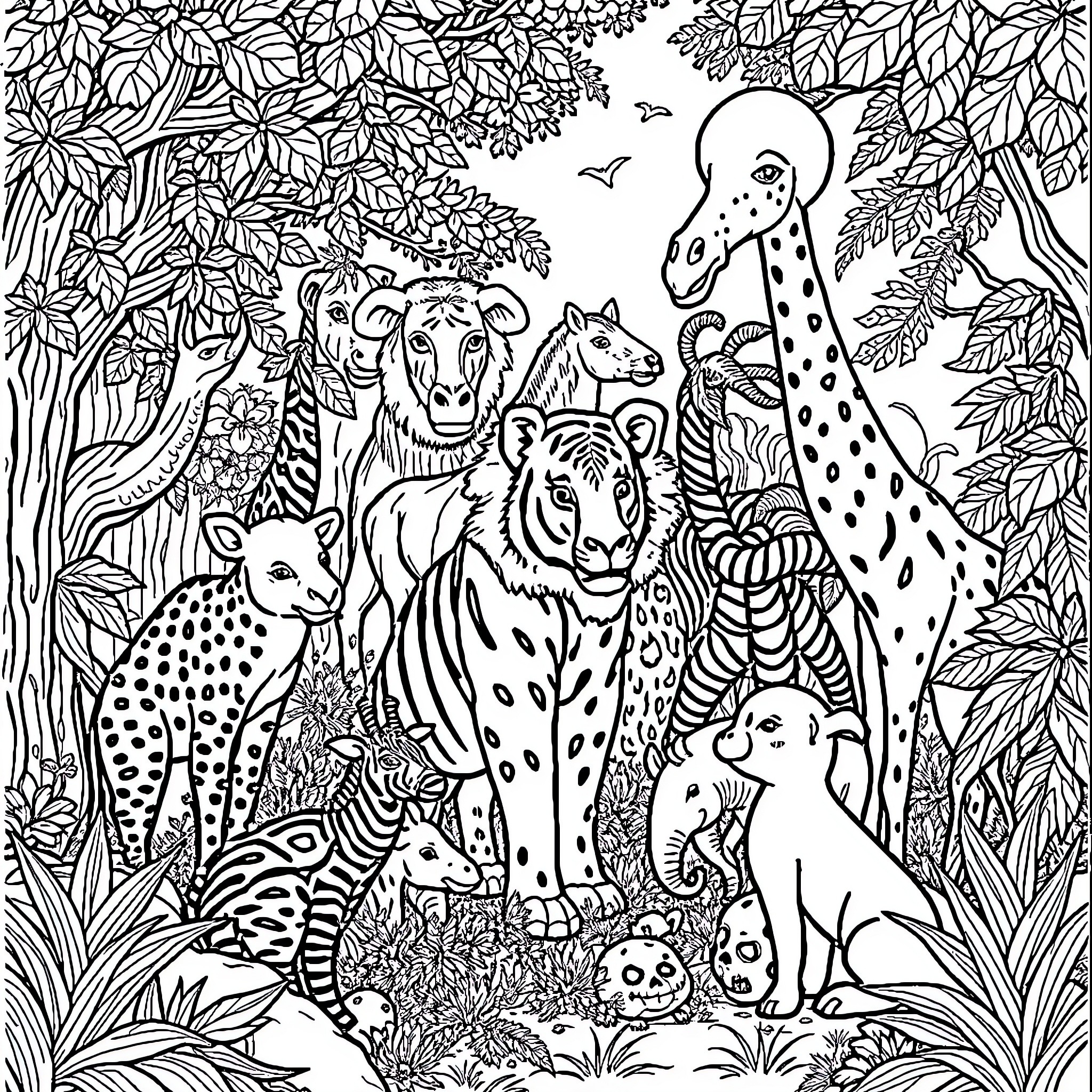 Animals playing in the lush jungle Coloring Page (free black-and-white line drawing printable PDF for all, from beginners to advanced learners, including children, teens, adults, and seniors)
