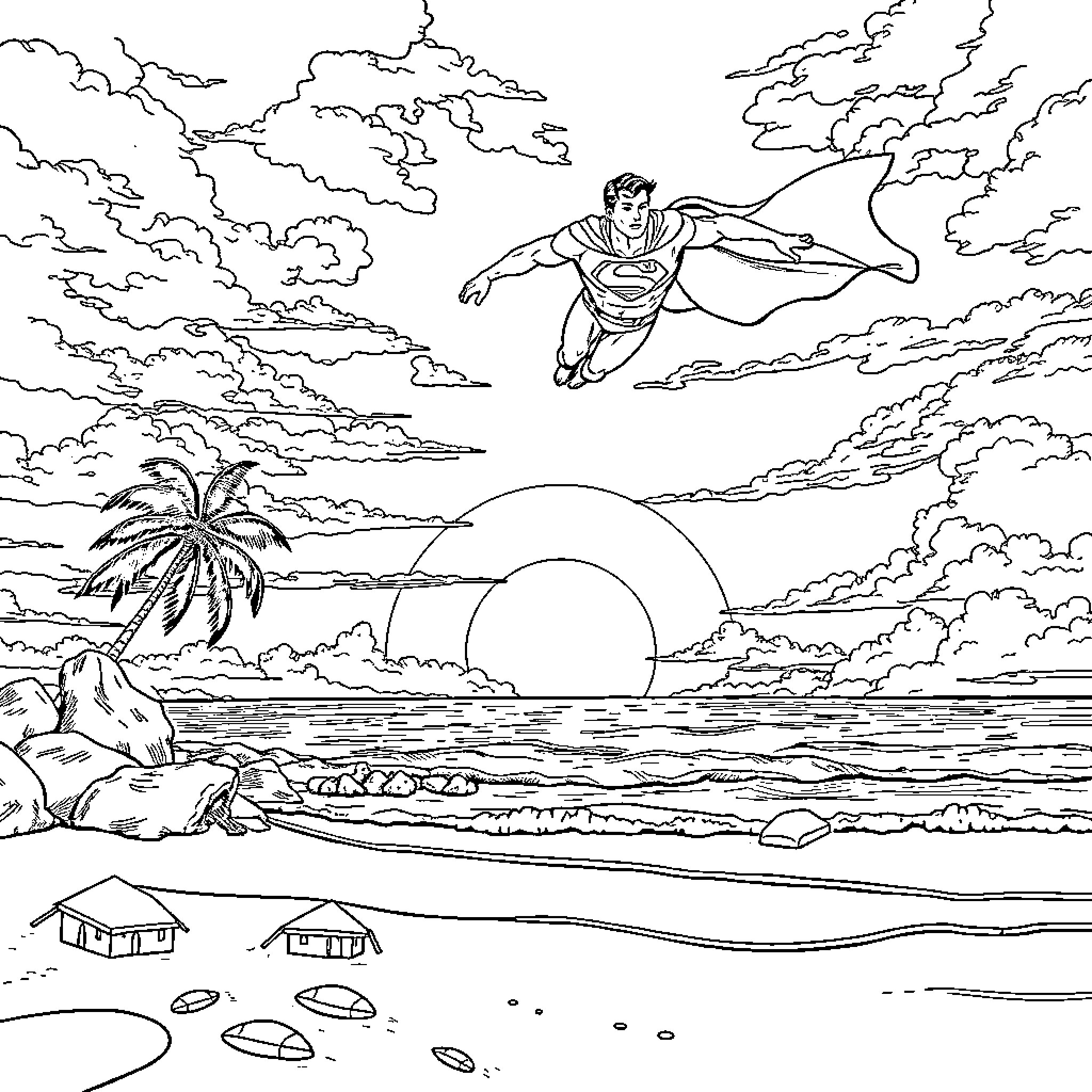 Superman soaring through the cloudy skies over the tropical beach Coloring Page (free black-and-white line drawing printable PDF for all, from beginners to advanced learners, including children, teens, adults, and seniors)