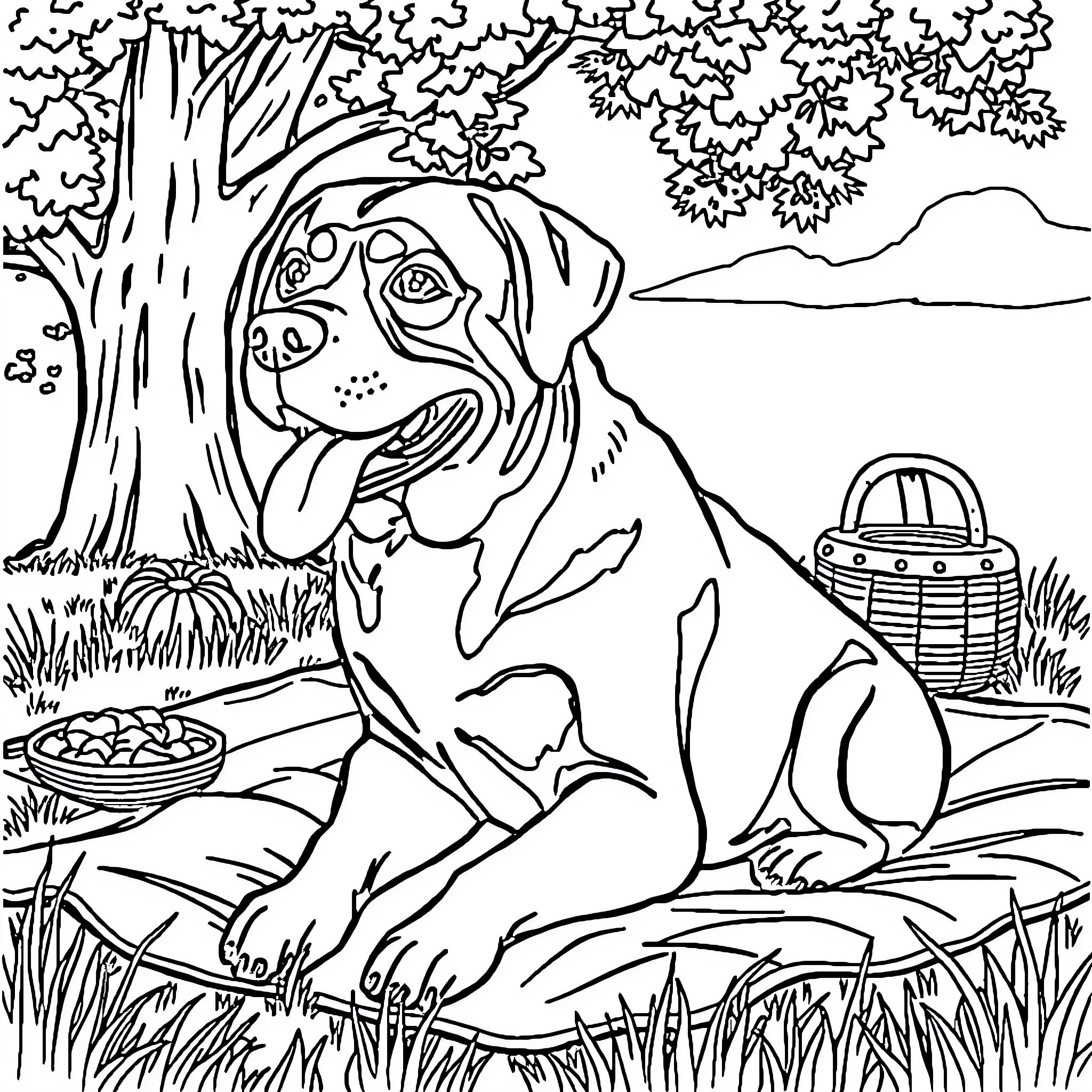 Rottweiler enjoying a picnic in the park Coloring Page (free black-and-white line drawing printable PDF for all, from beginners to advanced learners, including children, teens, adults, and seniors)
