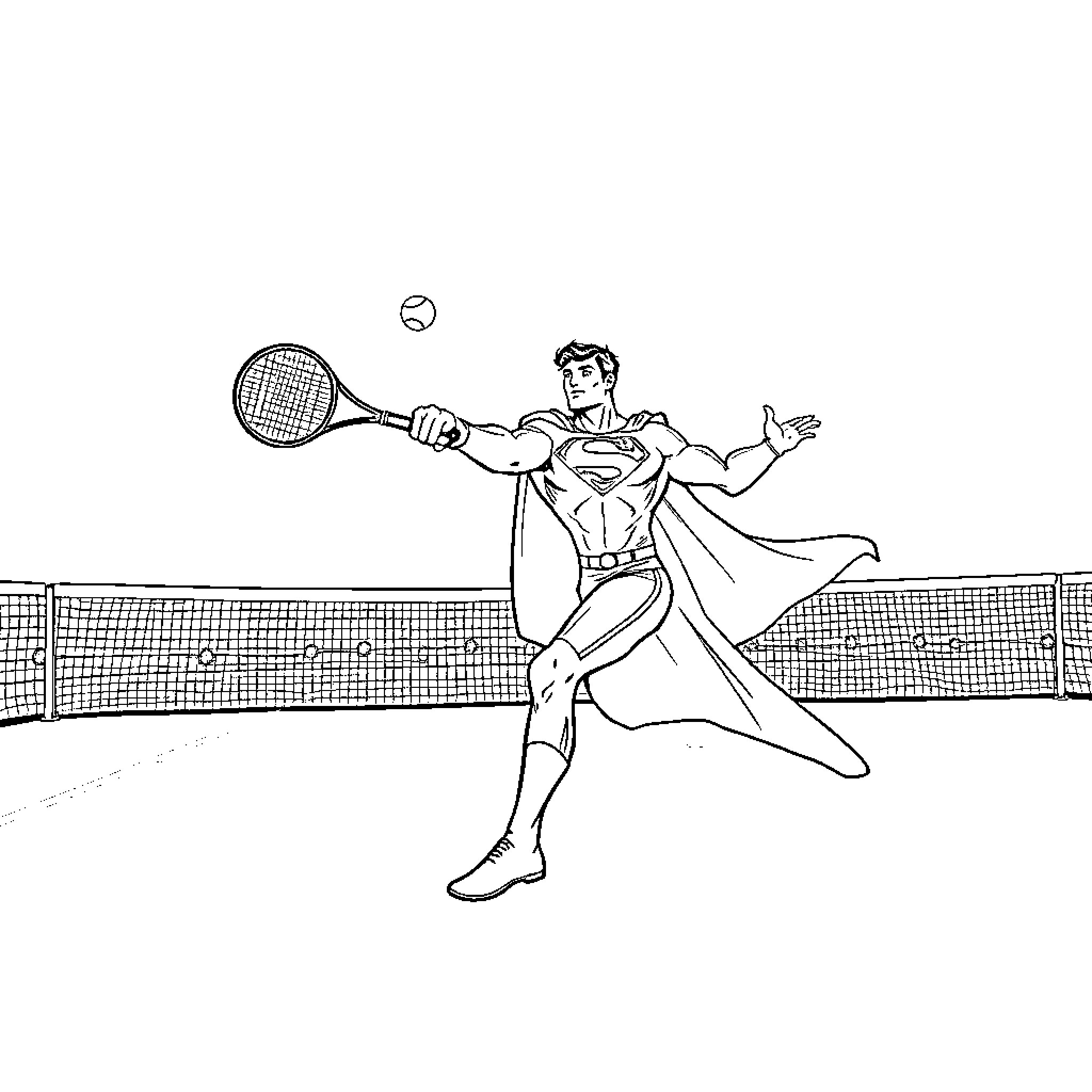 Superman playing tennis on the court Coloring Page (free black-and-white line drawing printable PDF for all, from beginners to advanced learners, including children, teens, adults, and seniors)