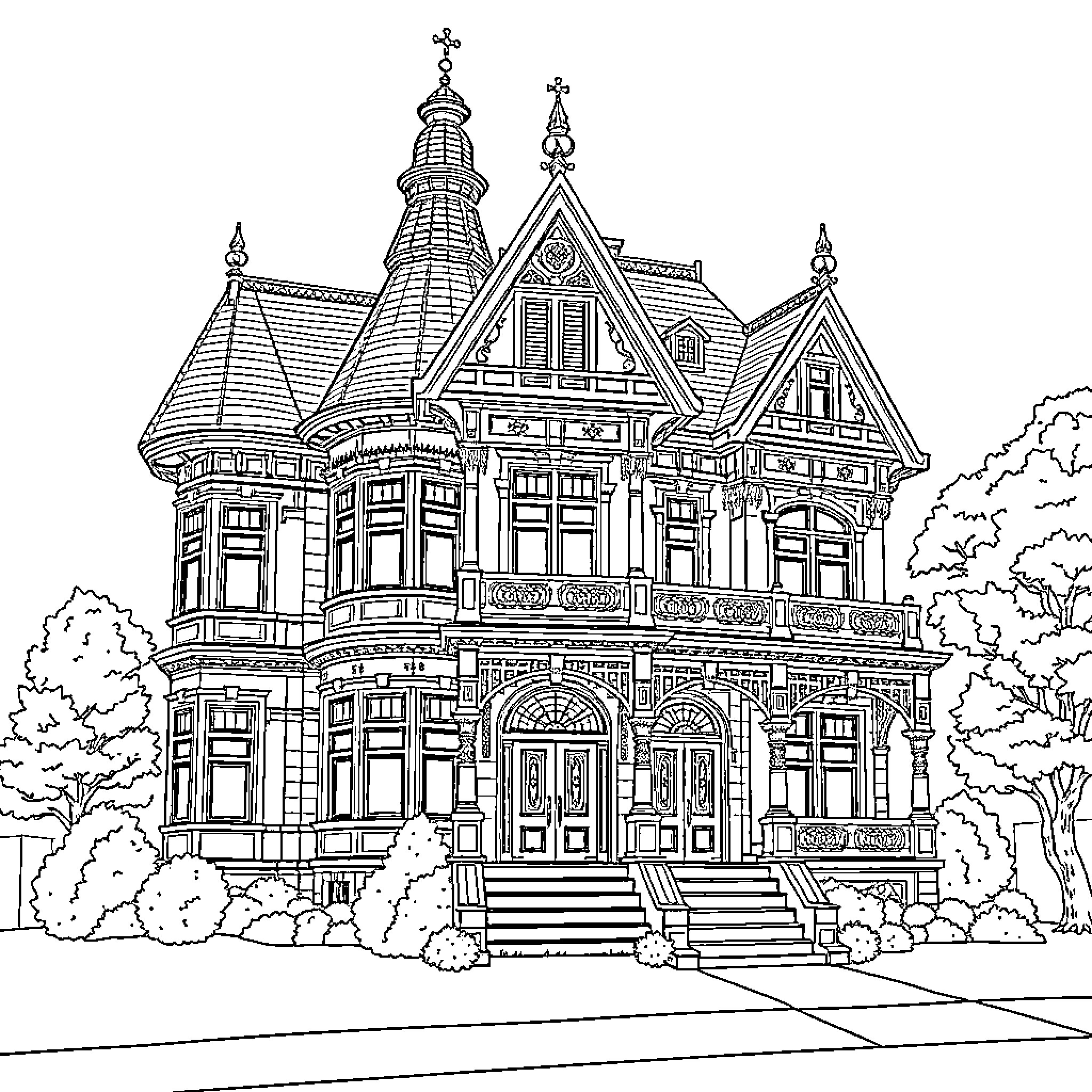 Victorian Ornate Manor House with Intricate Architecture Coloring Page (free black-and-white line drawing printable PDF for all, from beginners to advanced learners, including children, teens, adults, and seniors)