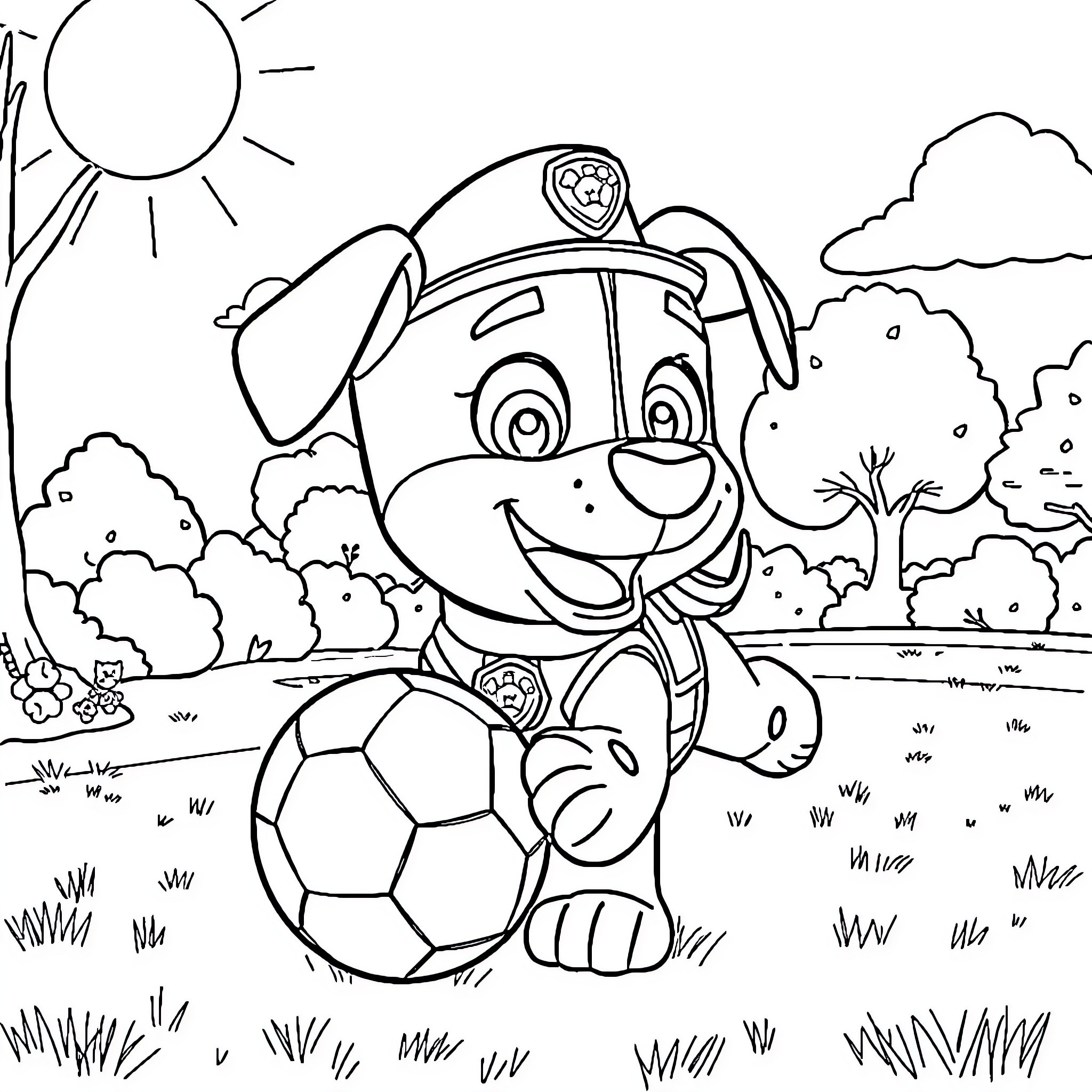 Marshall's Playful Adventure in the Park Coloring Page (free black-and-white line drawing printable PDF for all, from beginners to advanced learners, including children, teens, adults, and seniors)