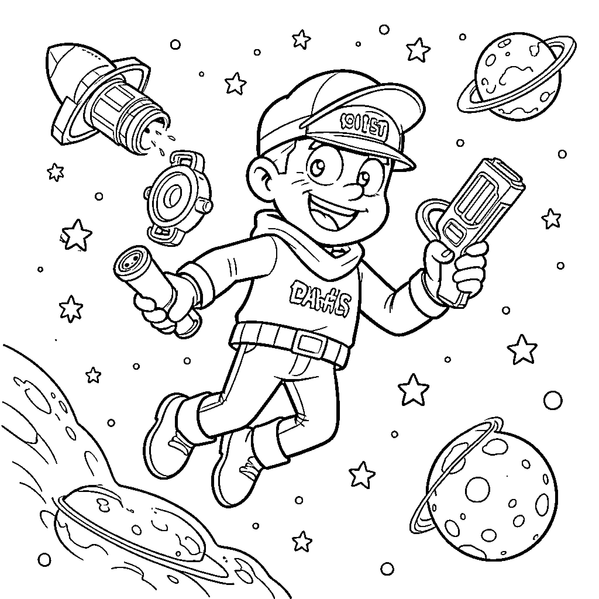 Inspector Gadget's Cosmic Adventure Coloring Page (free black-and-white line drawing printable PDF for all, from beginners to advanced learners, including children, teens, adults, and seniors)