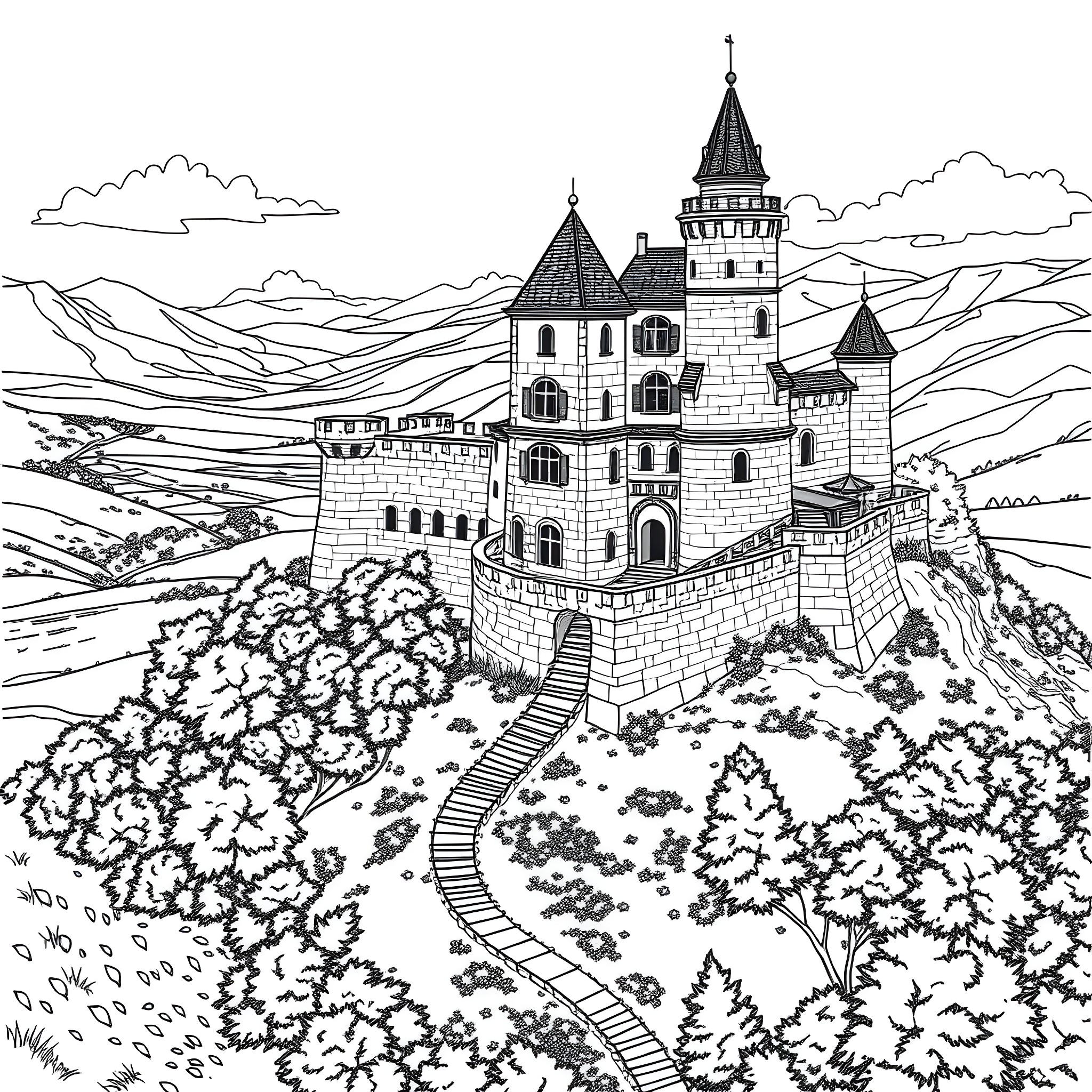 Tarout Castle overlooking a scenic landscape Coloring Page (free black-and-white line drawing printable PDF for all, from beginners to advanced learners, including children, teens, adults, and seniors)