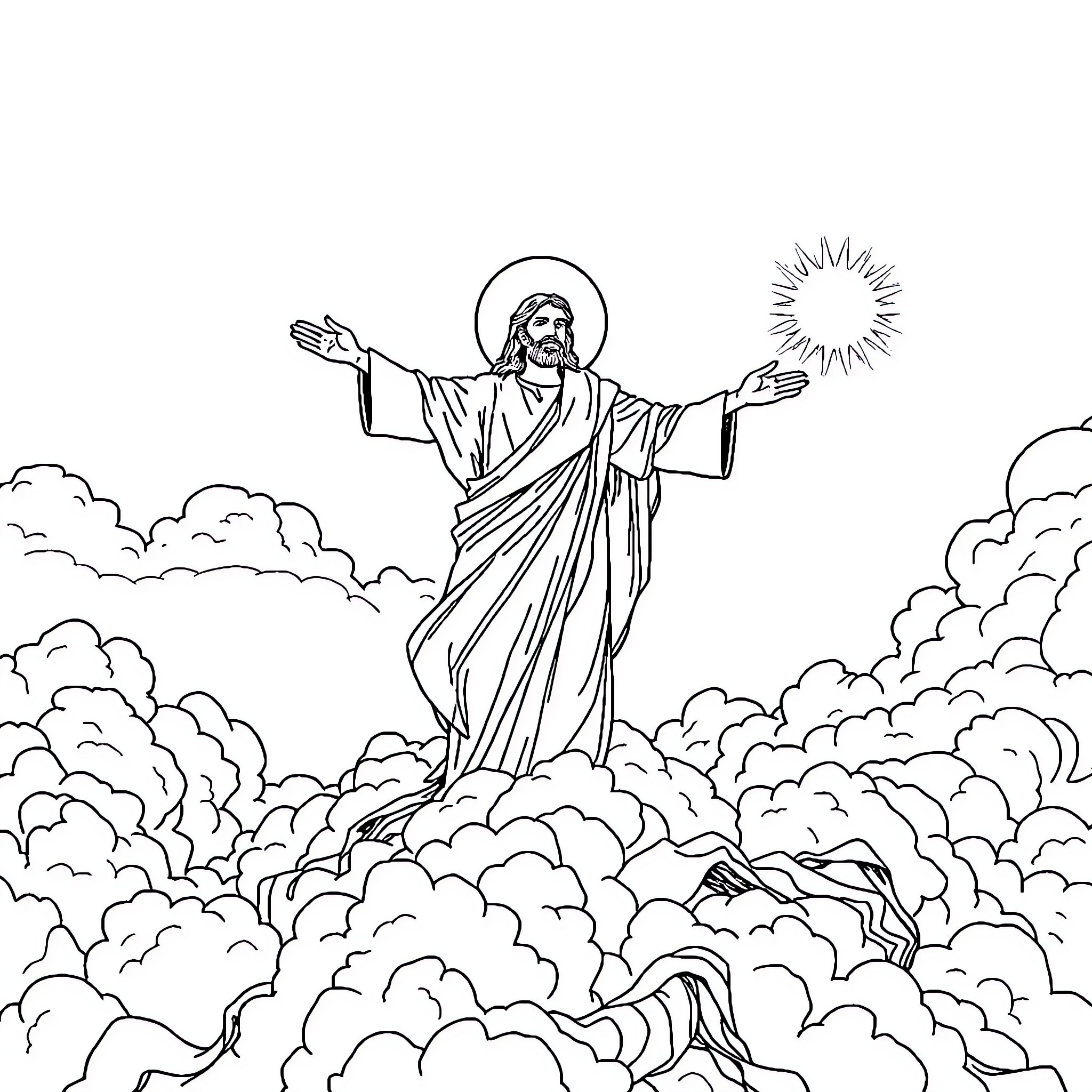 Jesus Ascending into Heaven with Outstretched Arms Coloring Page (free black-and-white line drawing printable PDF for all, from beginners to advanced learners, including children, teens, adults, and seniors)
