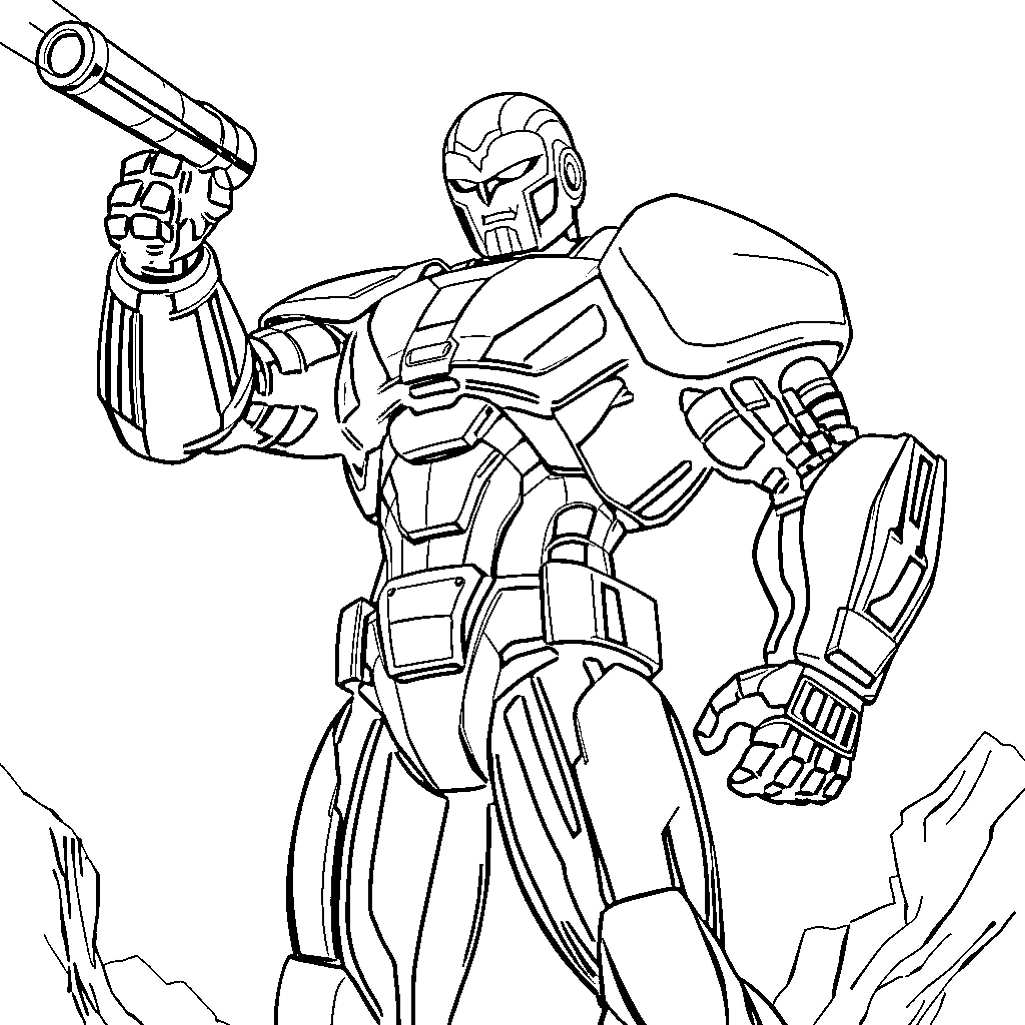 Cyborg warrior wielding futuristic weapon Coloring Page (free black-and-white line drawing printable PDF for all, from beginners to advanced learners, including children, teens, adults, and seniors)