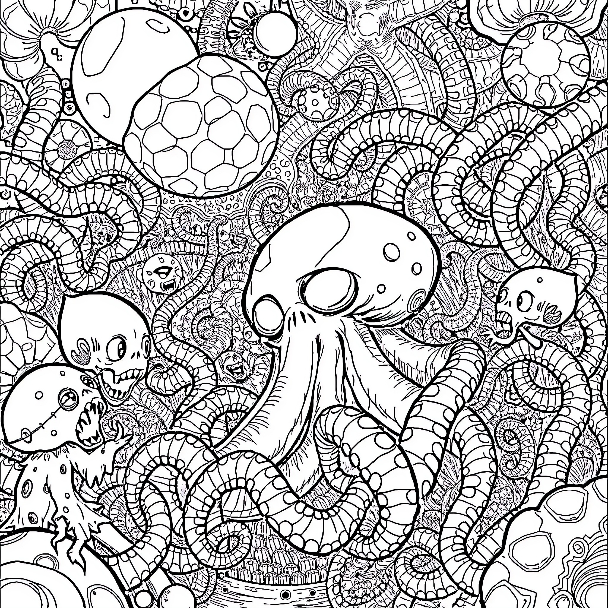 Tentacle Creatures in Whimsical Underwater Scene Coloring Page (free black-and-white line drawing printable PDF for all, from beginners to advanced learners, including children, teens, adults, and seniors)