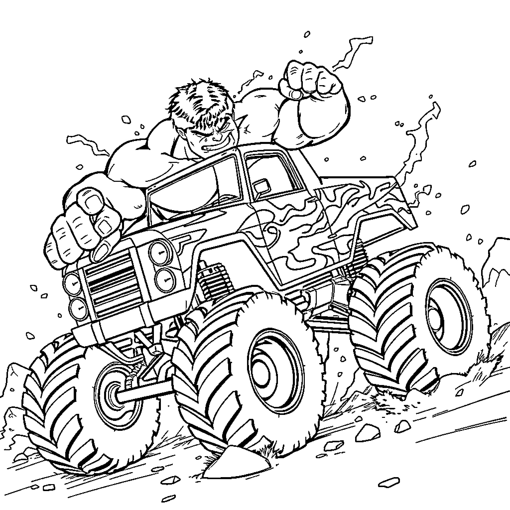 Hulk driving an epic monster truck through the mud Coloring Page (free black-and-white line drawing printable PDF for all, from beginners to advanced learners, including children, teens, adults, and seniors)