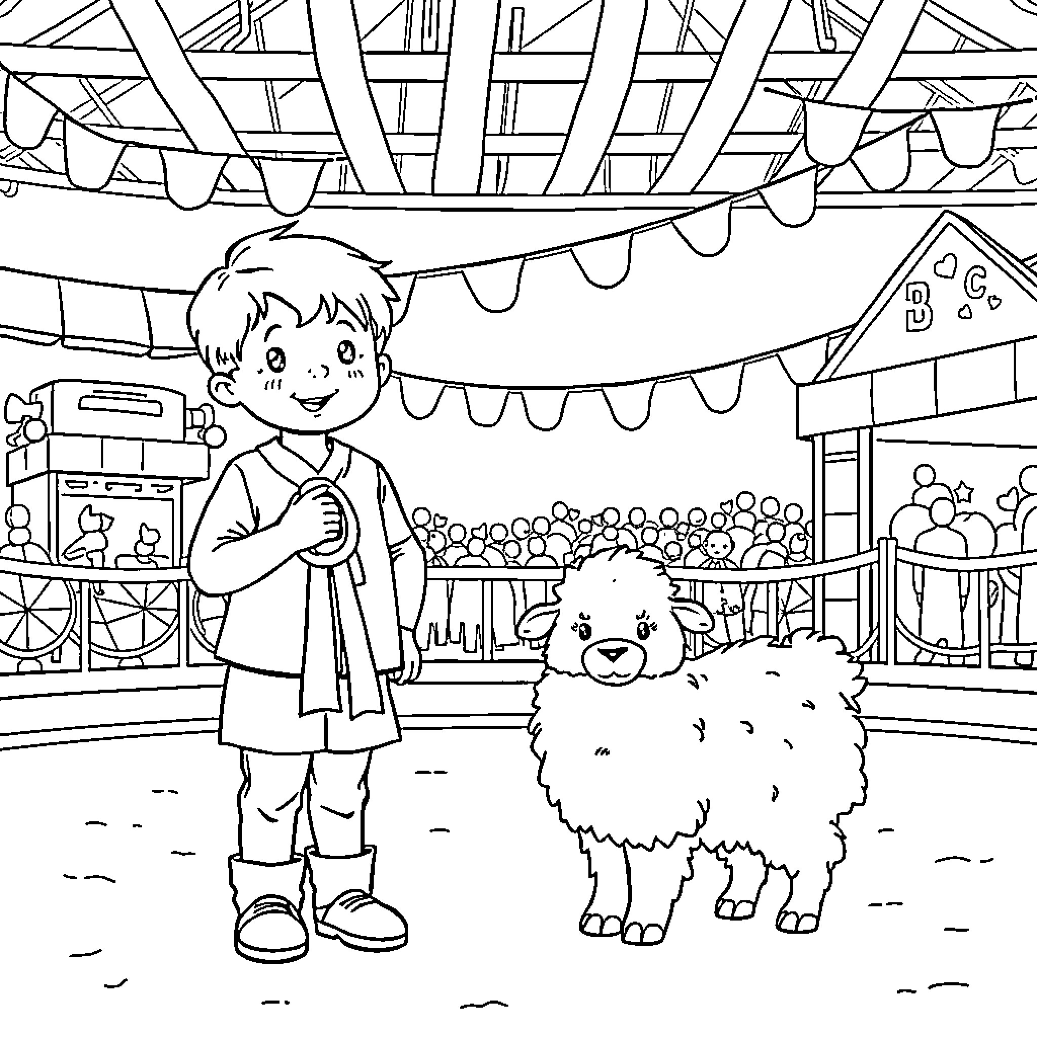 Child and Sheep at Festive Fair Coloring Page (free black-and-white line drawing printable PDF for all, from beginners to advanced learners, including children, teens, adults, and seniors)