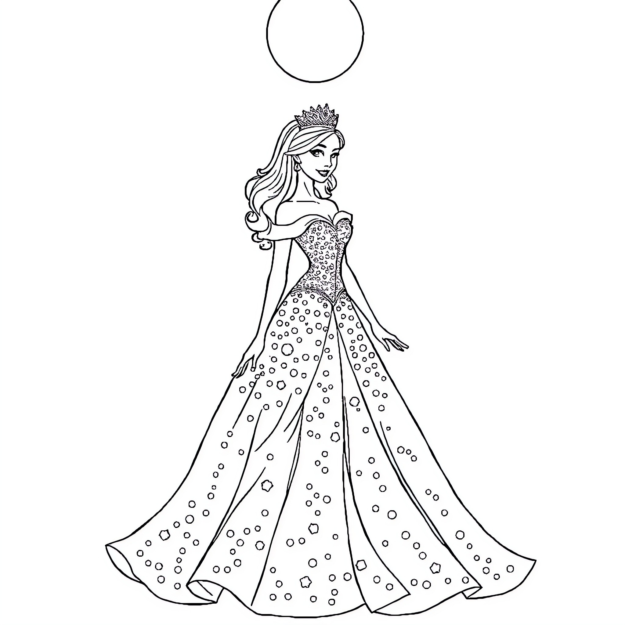 Princess in Elegant Formal Attire Coloring Page (free black-and-white line drawing printable PDF for all, from beginners to advanced learners, including children, teens, adults, and seniors)