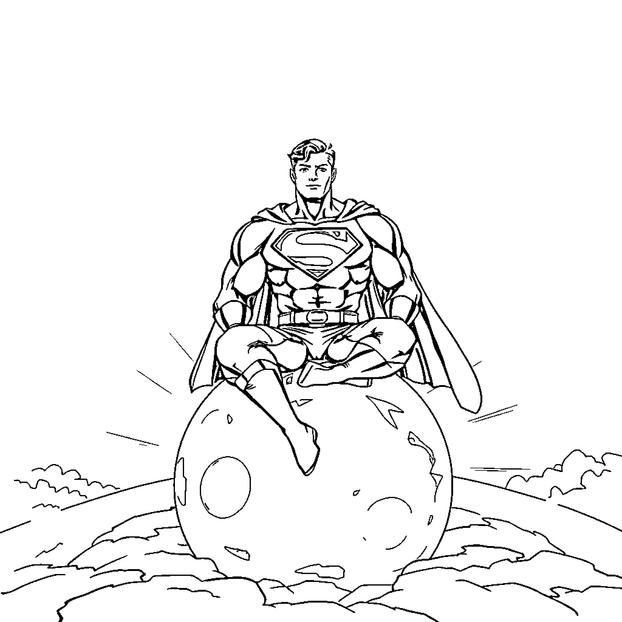 Superman Standing on Planet Earth Coloring Page (free black-and-white line drawing printable PDF for all, from beginners to advanced learners, including children, teens, adults, and seniors)