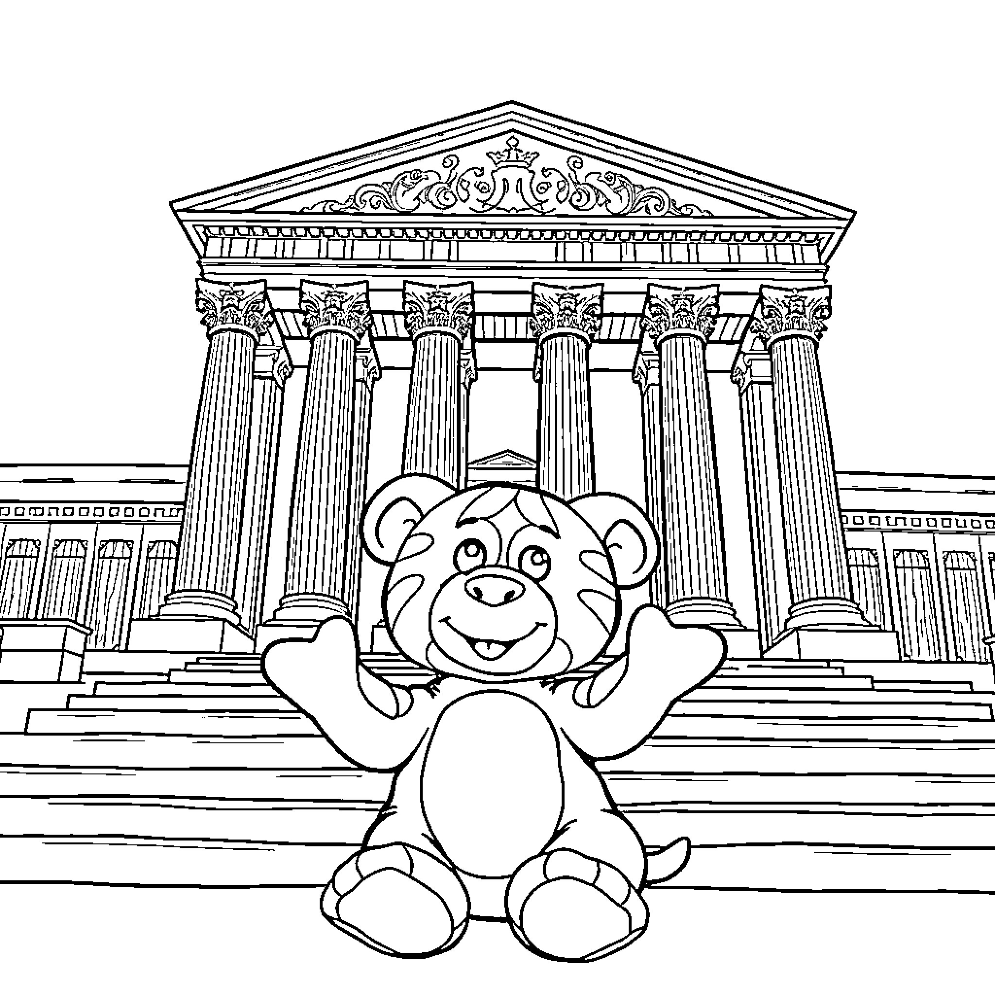 Squealer's Playful Adventure at the Historic Monument Coloring Page (free black-and-white line drawing printable PDF for all, from beginners to advanced learners, including children, teens, adults, and seniors)