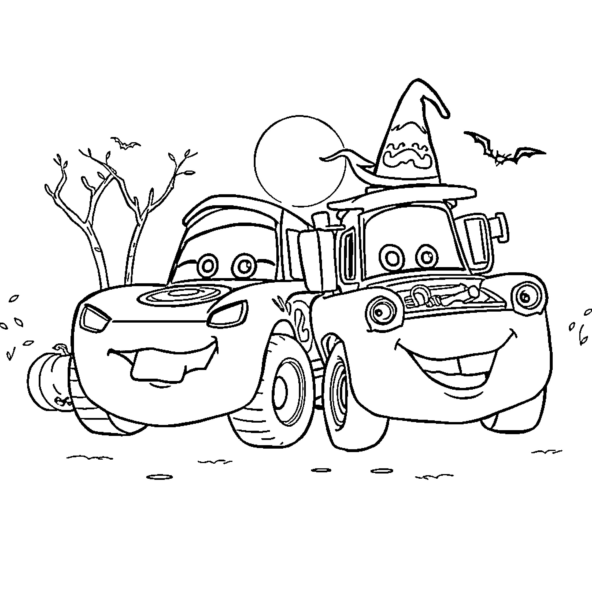 McQueen's Halloween Adventure with Tow Mater Coloring Page (free black-and-white line drawing printable PDF for all, from beginners to advanced learners, including children, teens, adults, and seniors)