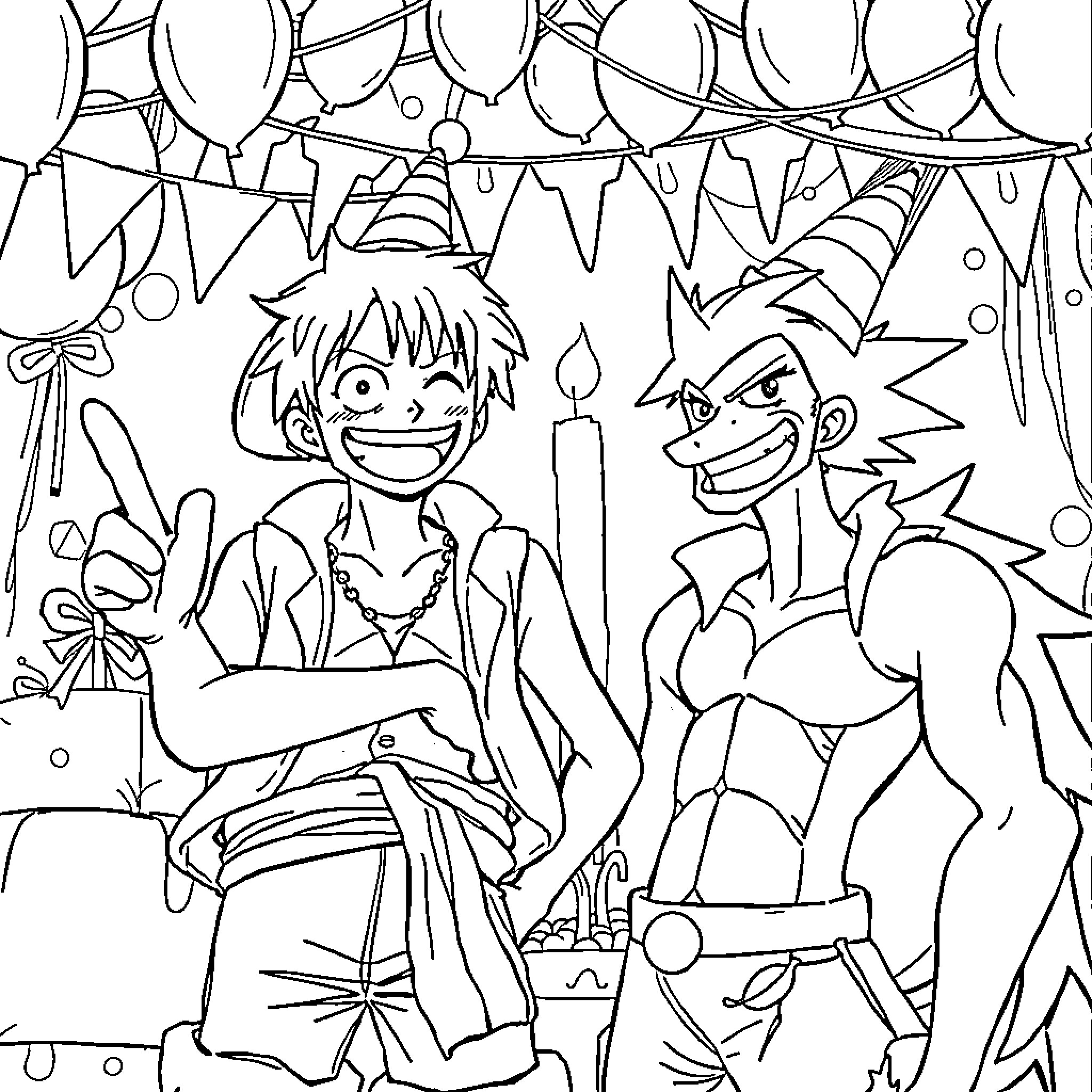 Luffy Celebrating a Lively Party with Friends Coloring Page (free black-and-white line drawing printable PDF for all, from beginners to advanced learners, including children, teens, adults, and seniors)