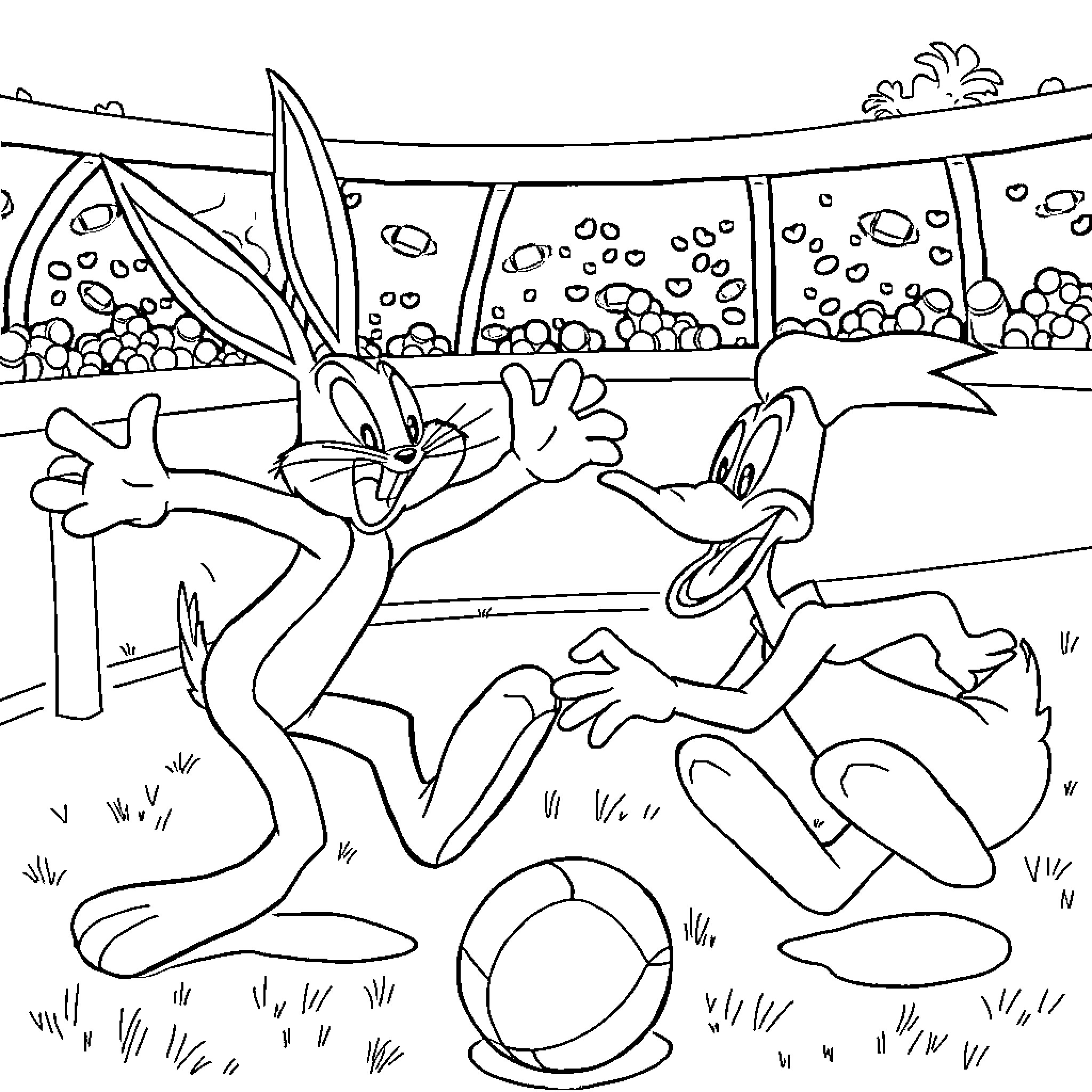 Bugs Bunny and Daffy Duck playing in the stadium Coloring Page (free black-and-white line drawing printable PDF for all, from beginners to advanced learners, including children, teens, adults, and seniors)