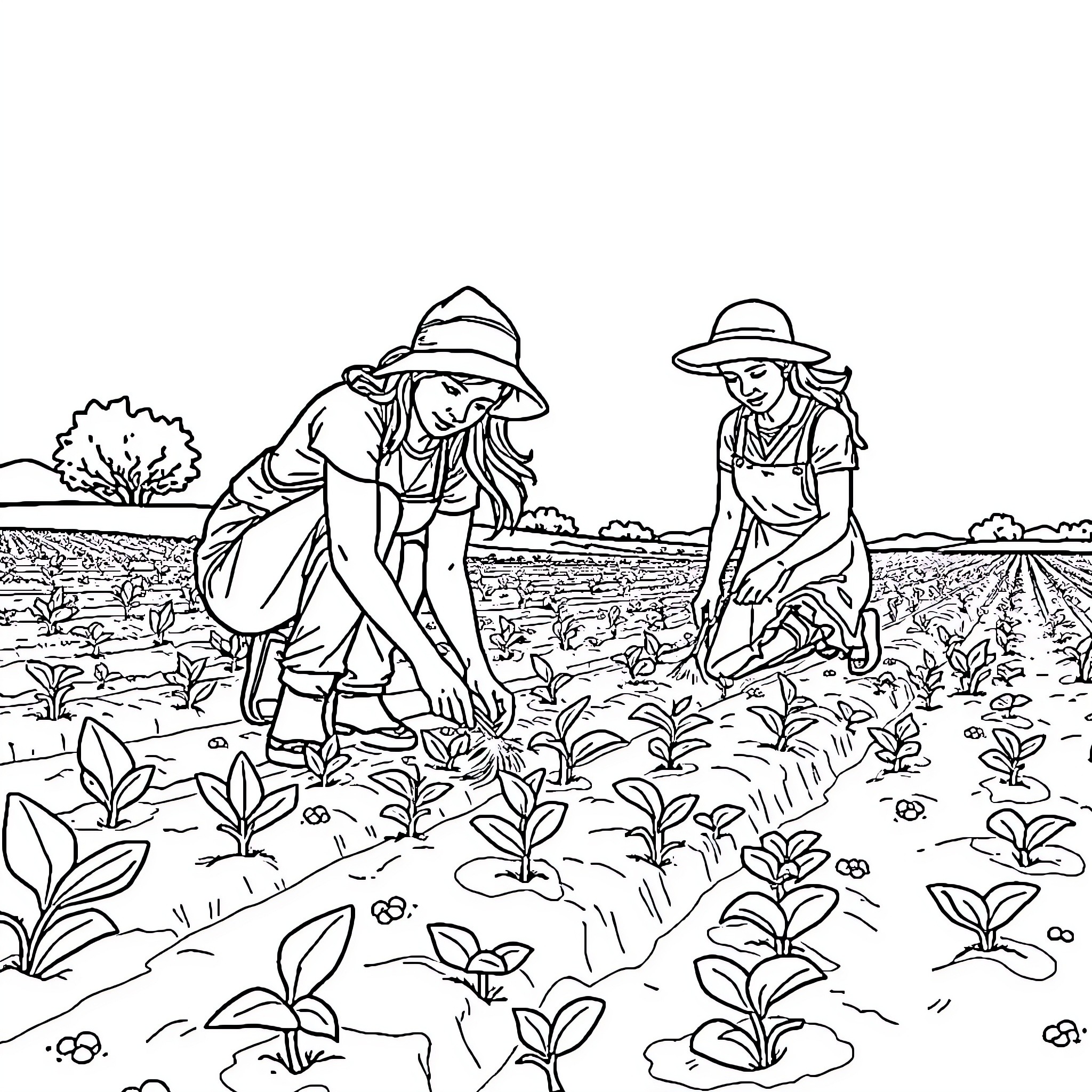 Women working in the field Coloring Page (free black-and-white line drawing printable PDF for all, from beginners to advanced learners, including children, teens, adults, and seniors)