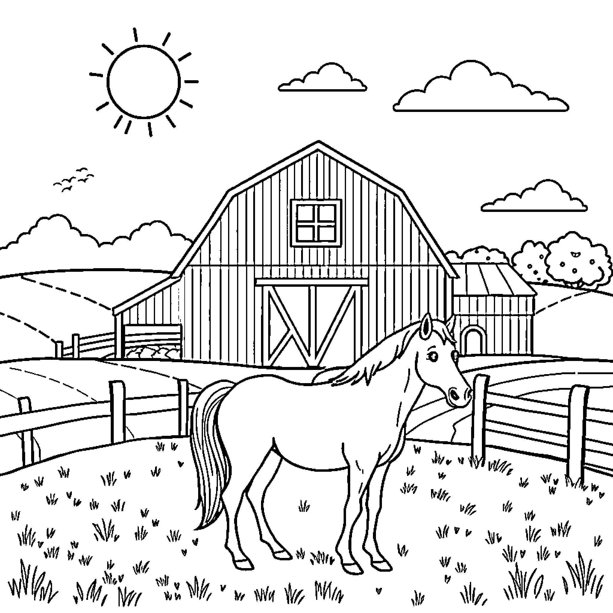 Horse on the farm with a rustic barn Coloring Page (free black-and-white line drawing printable PDF for all, from beginners to advanced learners, including children, teens, adults, and seniors)