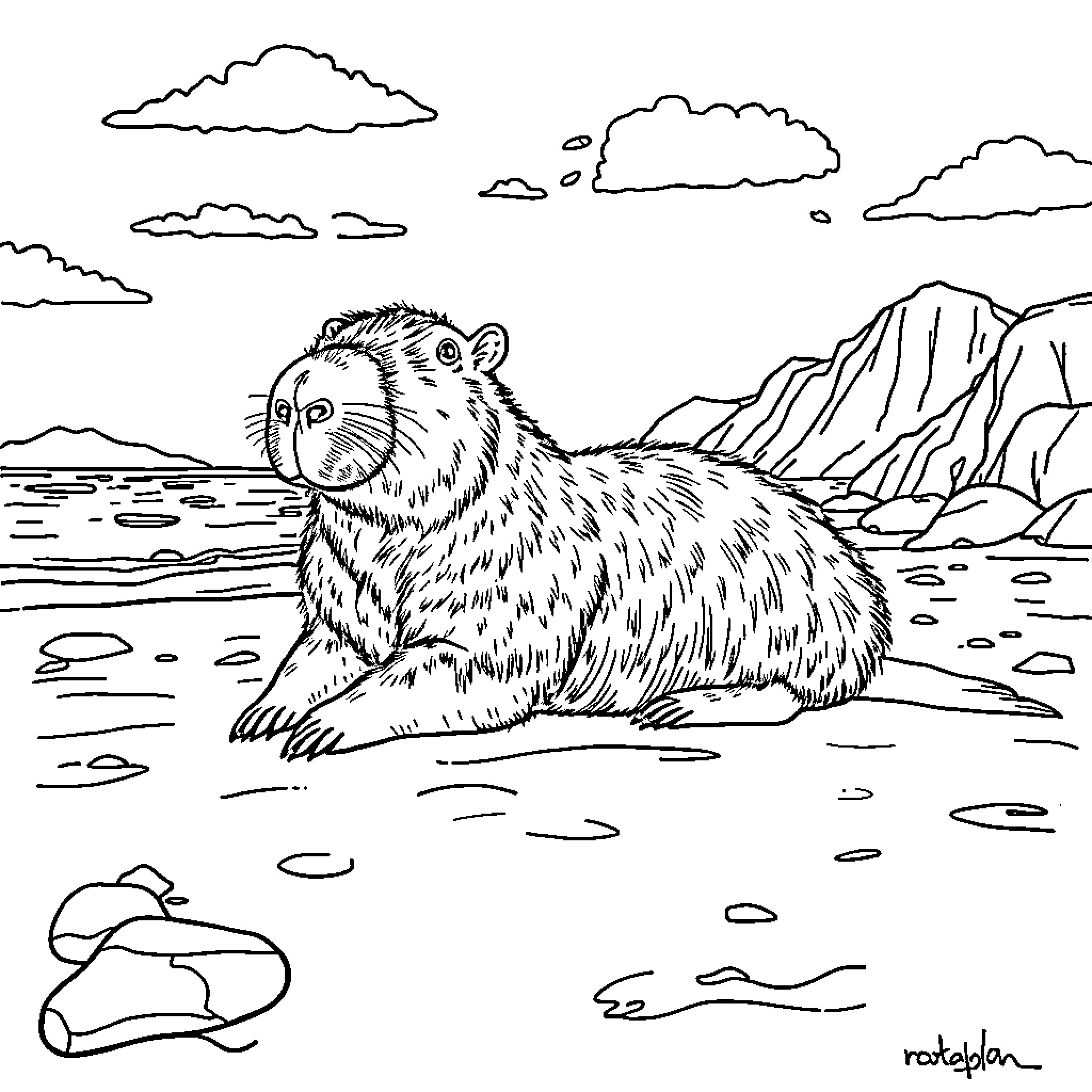 Capybara resting peacefully in the natural landscape Coloring Page (free black-and-white line drawing printable PDF for all, from beginners to advanced learners, including children, teens, adults, and seniors)
