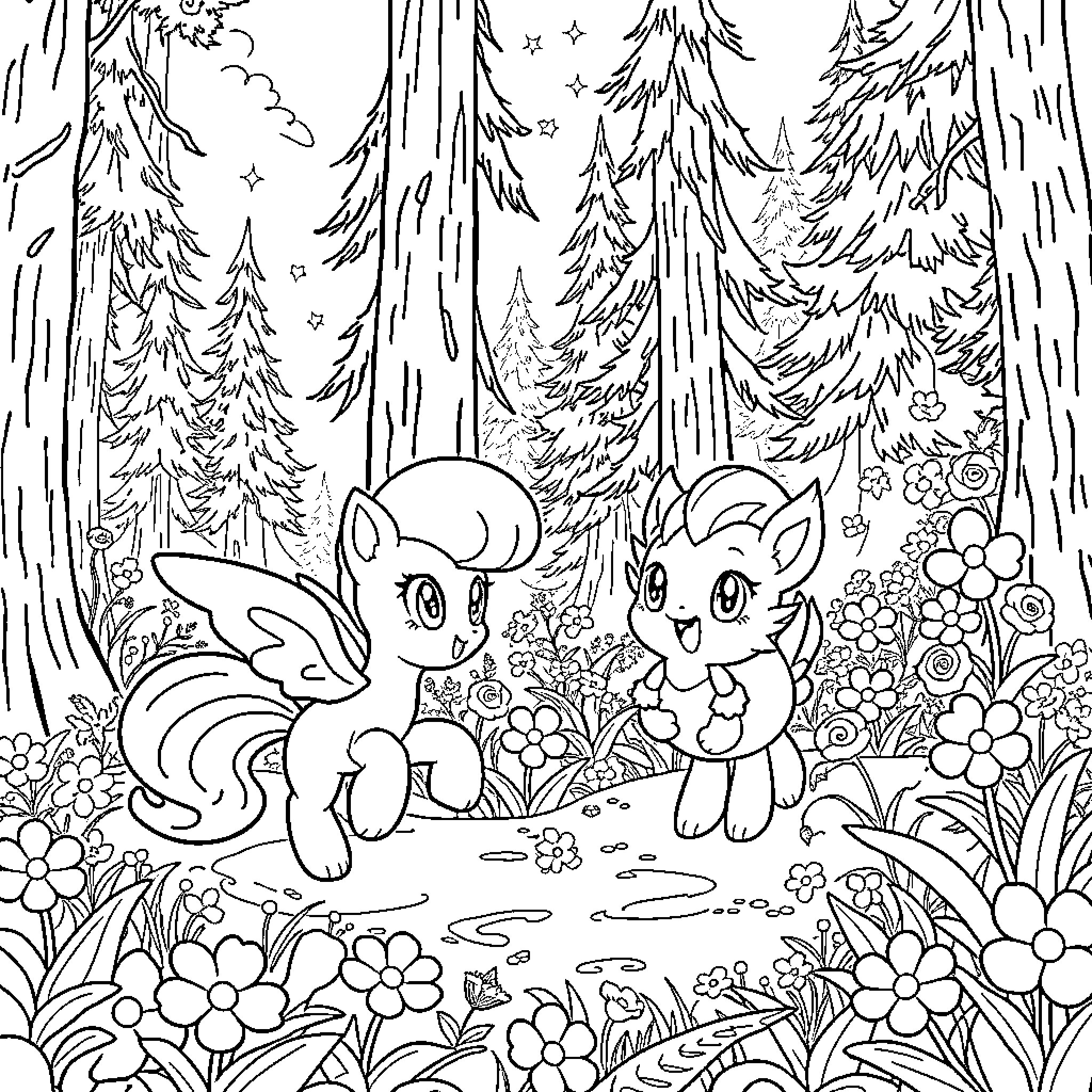 Clefairy playing joyfully in the enchanted forest Coloring Page (free black-and-white line drawing printable PDF for all, from beginners to advanced learners, including children, teens, adults, and seniors)