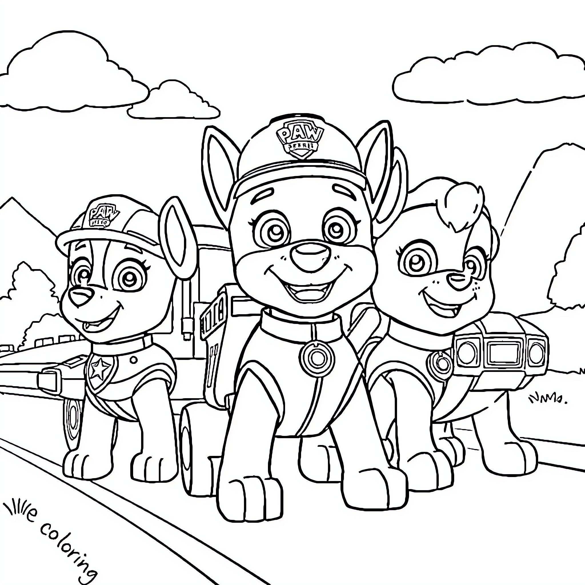 Paw Patrol Pups on Duty in the Outdoors Coloring Page (free black-and-white line drawing printable PDF for all, from beginners to advanced learners, including children, teens, adults, and seniors)