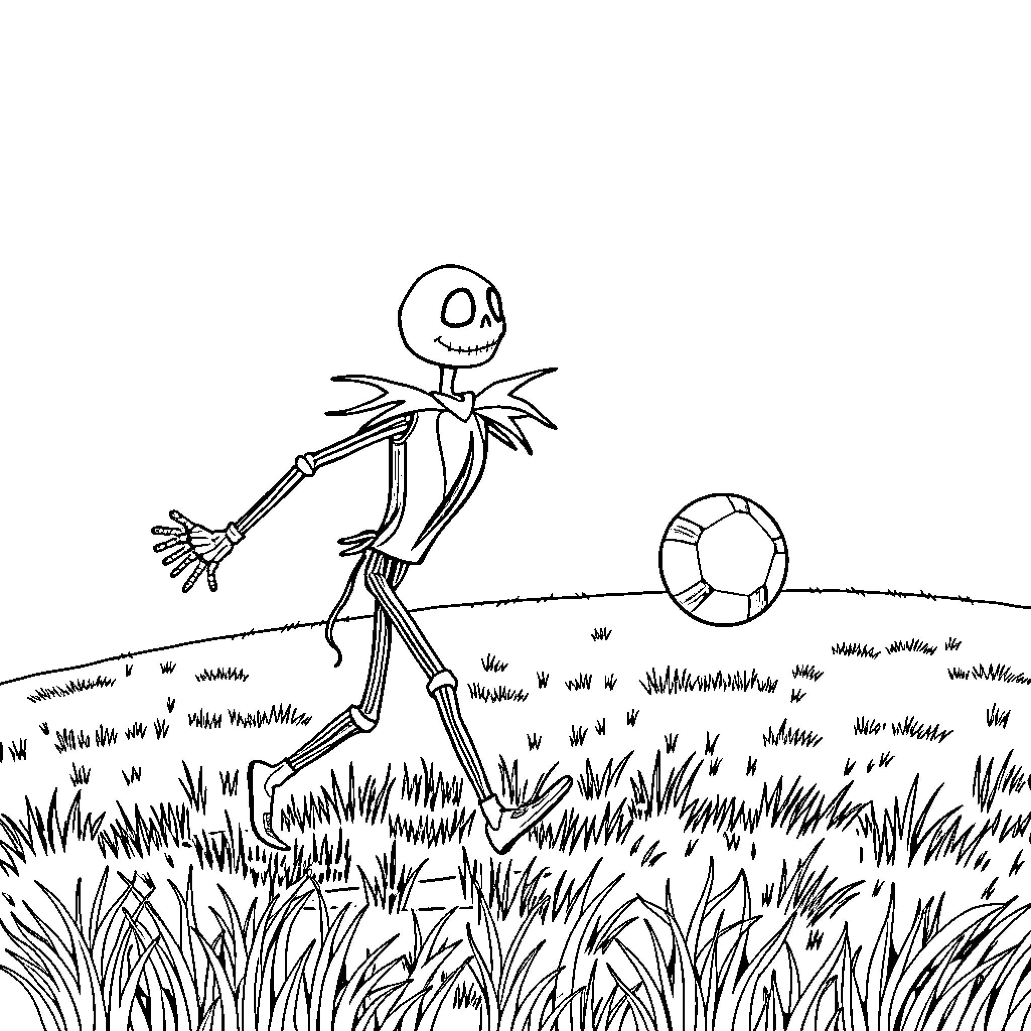 Jack Skeleton playing with a ball in a grassy field Coloring Page (free black-and-white line drawing printable PDF for all, from beginners to advanced learners, including children, teens, adults, and seniors)