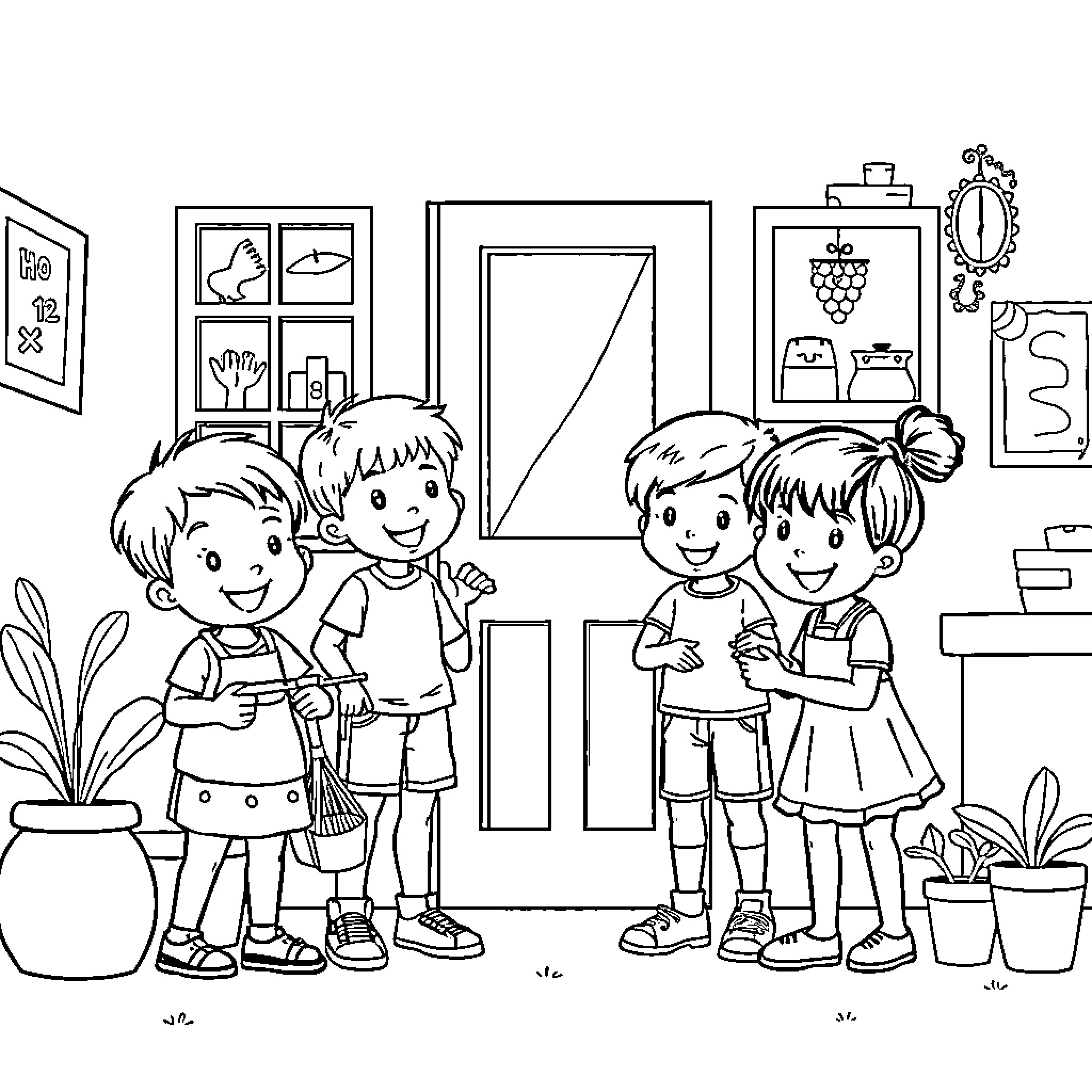 Kids playing happily in the classroom Coloring Page (free black-and-white line drawing printable PDF for all, from beginners to advanced learners, including children, teens, adults, and seniors)