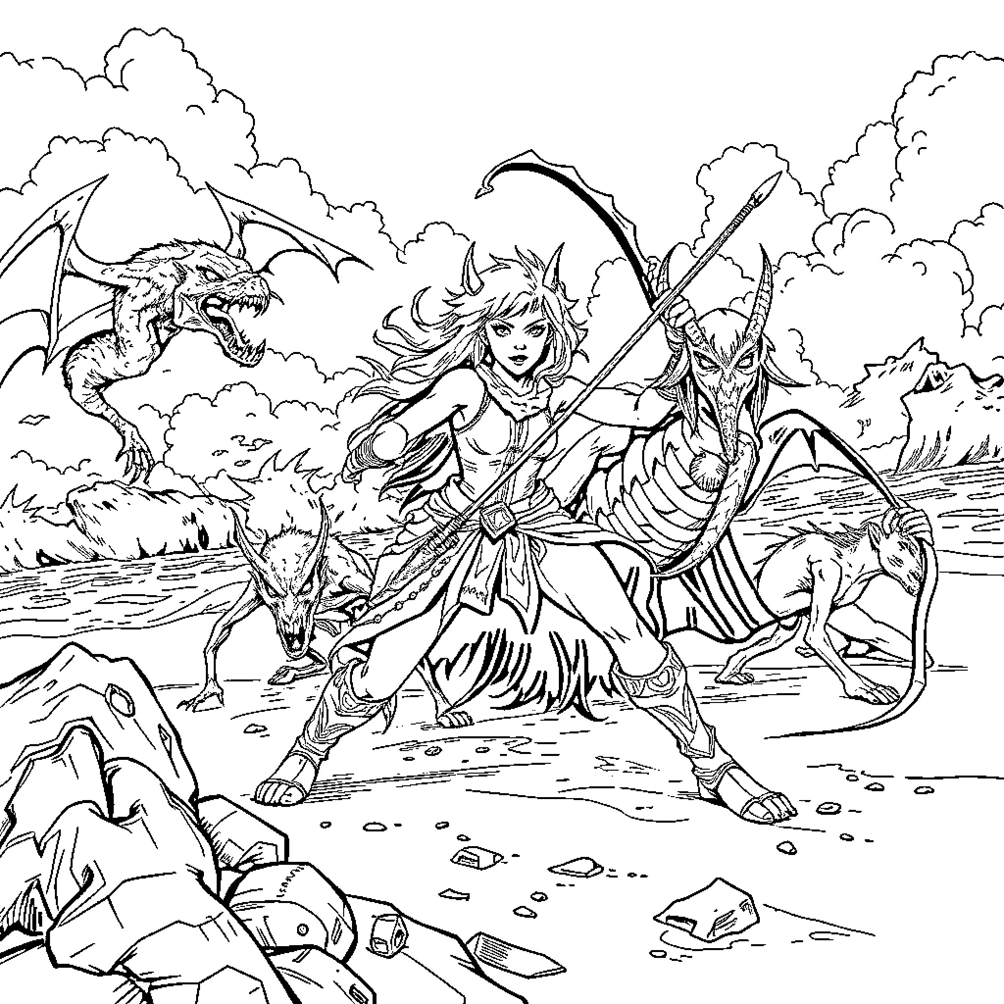 Huntrix Battles Fierce Mythical Creatures in Epic Landscape Coloring Page (free black-and-white line drawing printable PDF for all, from beginners to advanced learners, including children, teens, adults, and seniors)