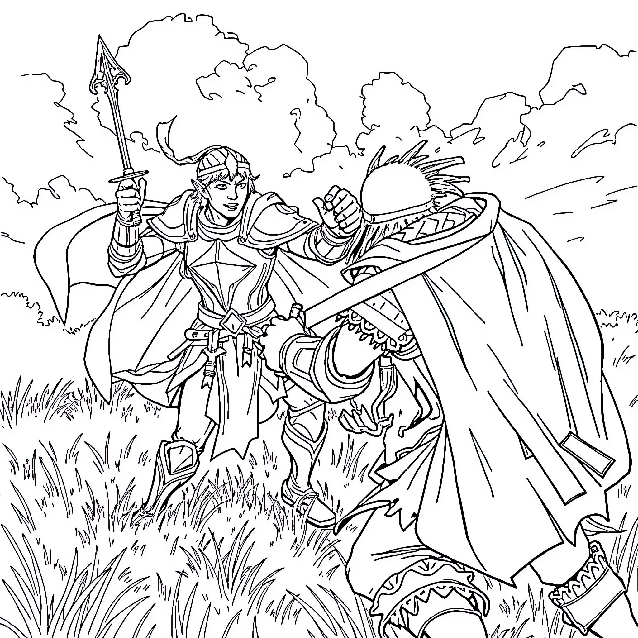 Half Elf Warrior Wielding Spear in Grassy Landscape Coloring Page (free black-and-white line drawing printable PDF for all, from beginners to advanced learners, including children, teens, adults, and seniors)