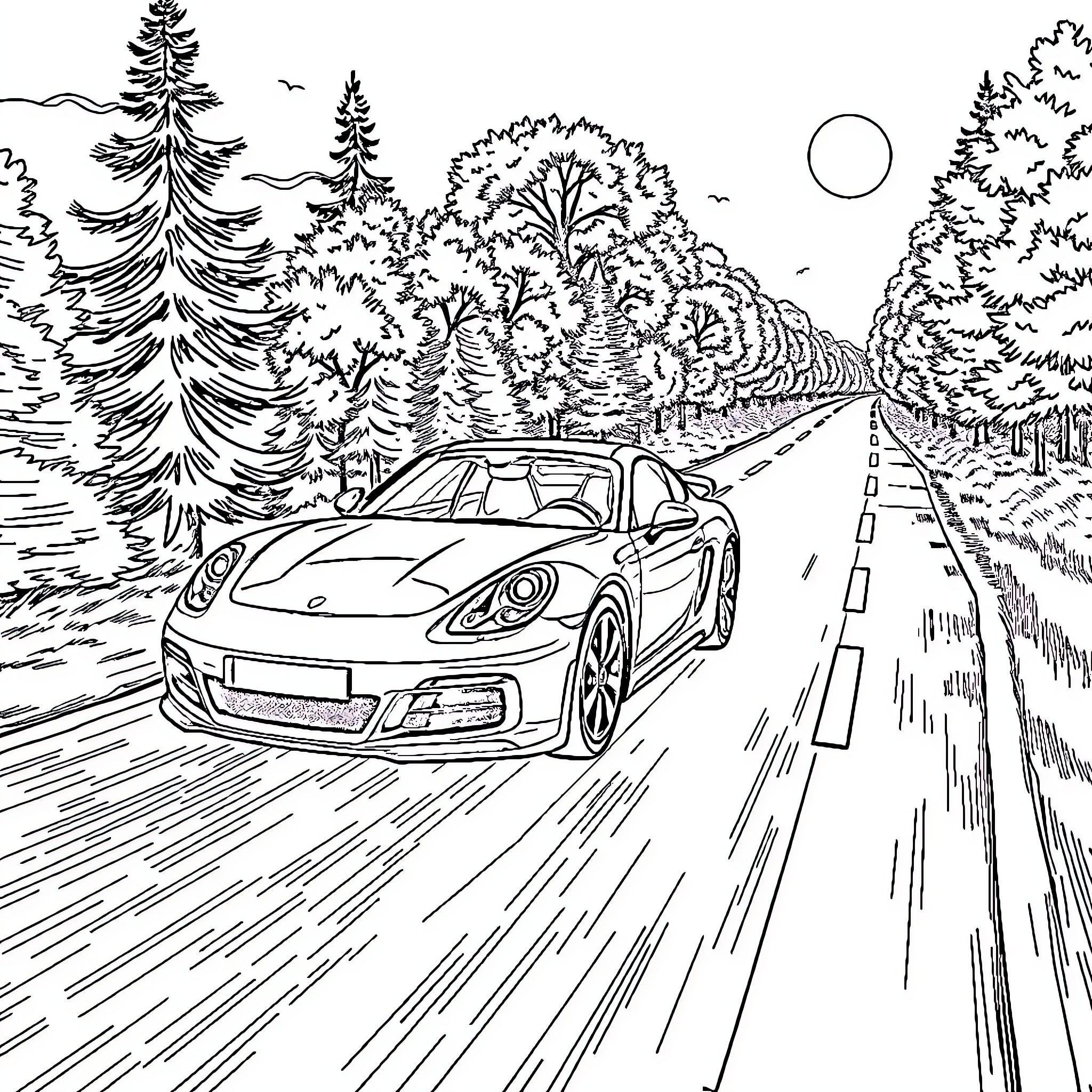Car speeding through scenic forest road Coloring Page (free black-and-white line drawing printable PDF for all, from beginners to advanced learners, including children, teens, adults, and seniors)