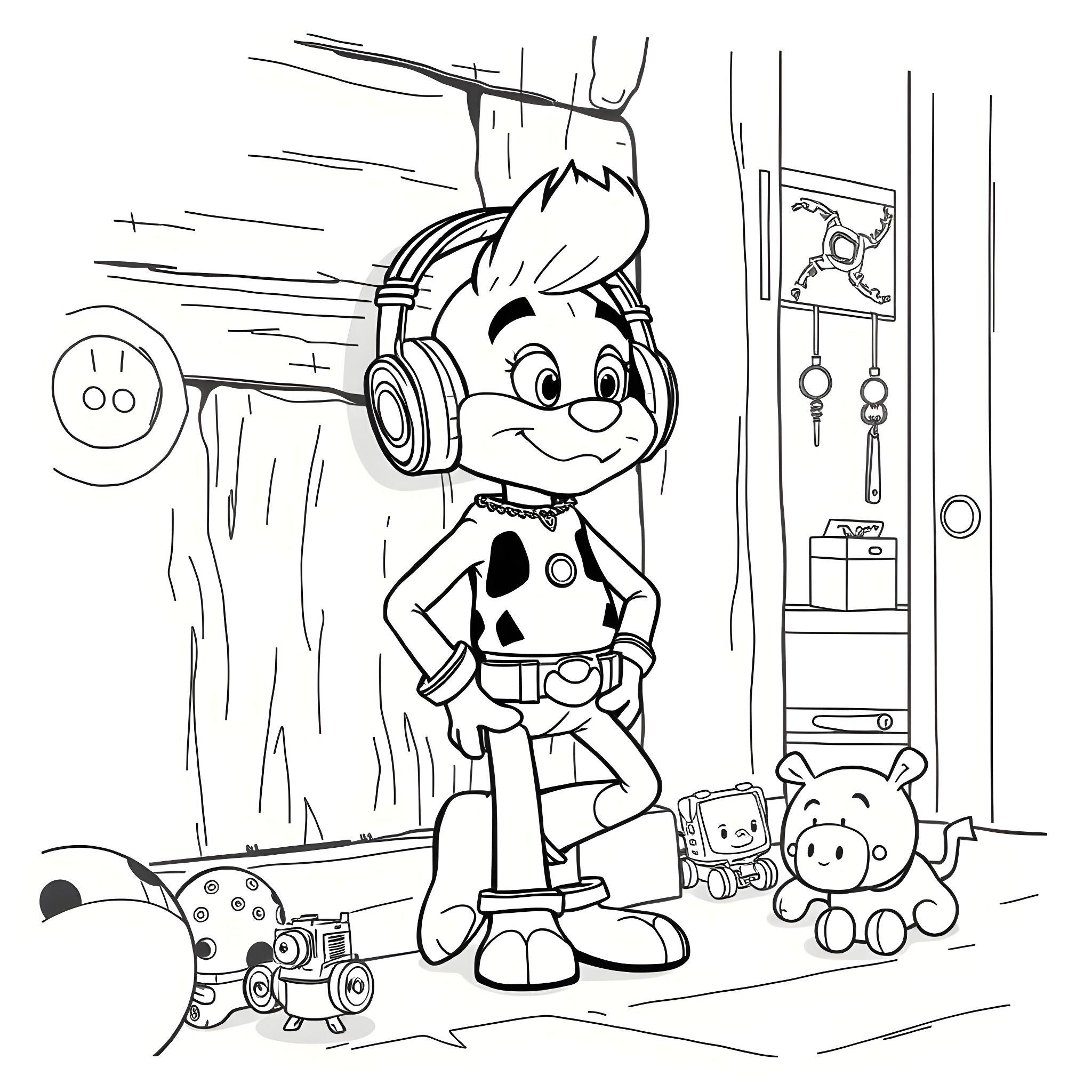 Twitch Streamer with Gaming Setup and Toys Coloring Page (free black-and-white line drawing printable PDF for all, from beginners to advanced learners, including children, teens, adults, and seniors)