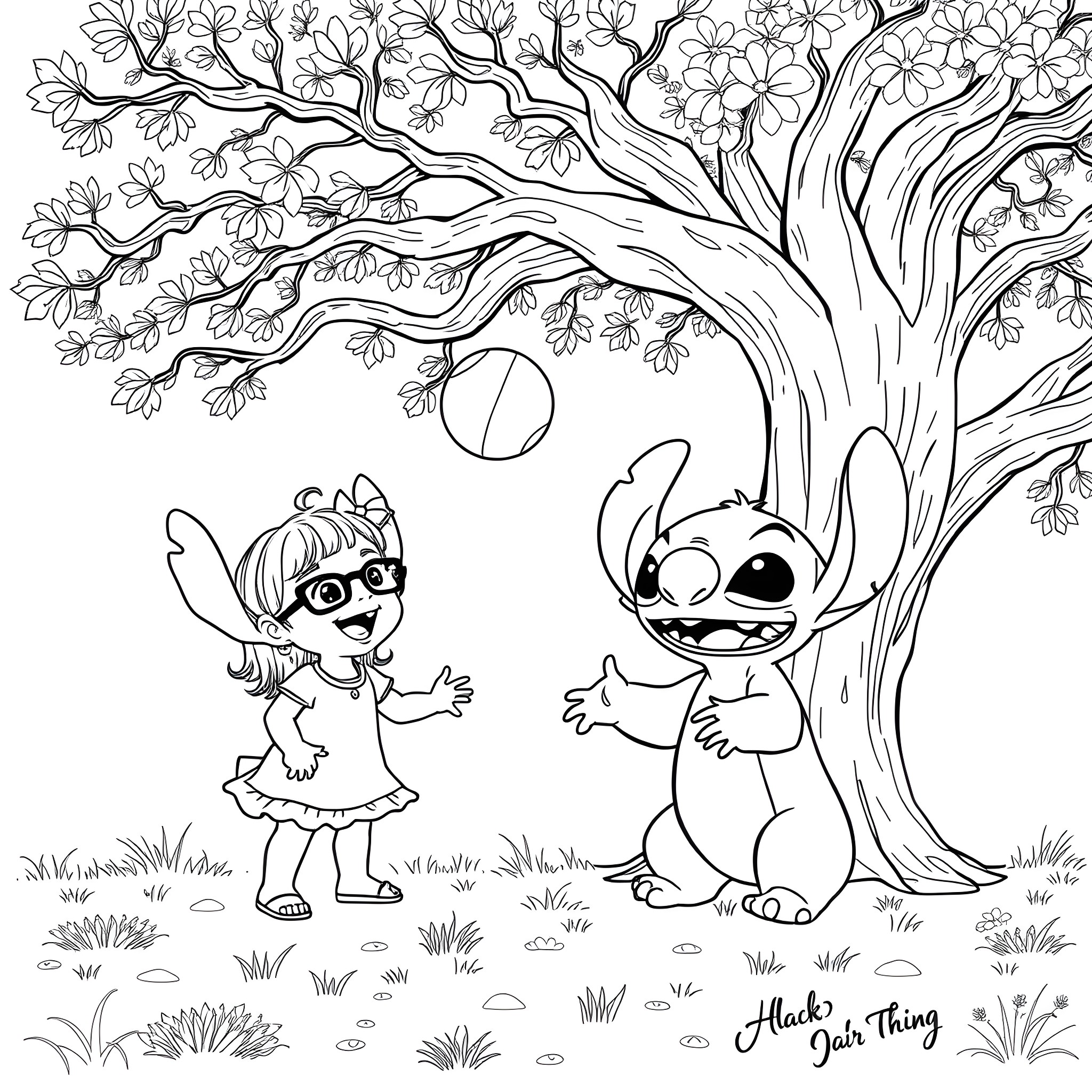 Stitch and Lilo playing under a blooming tree Coloring Page (free black-and-white line drawing printable PDF for all, from beginners to advanced learners, including children, teens, adults, and seniors)