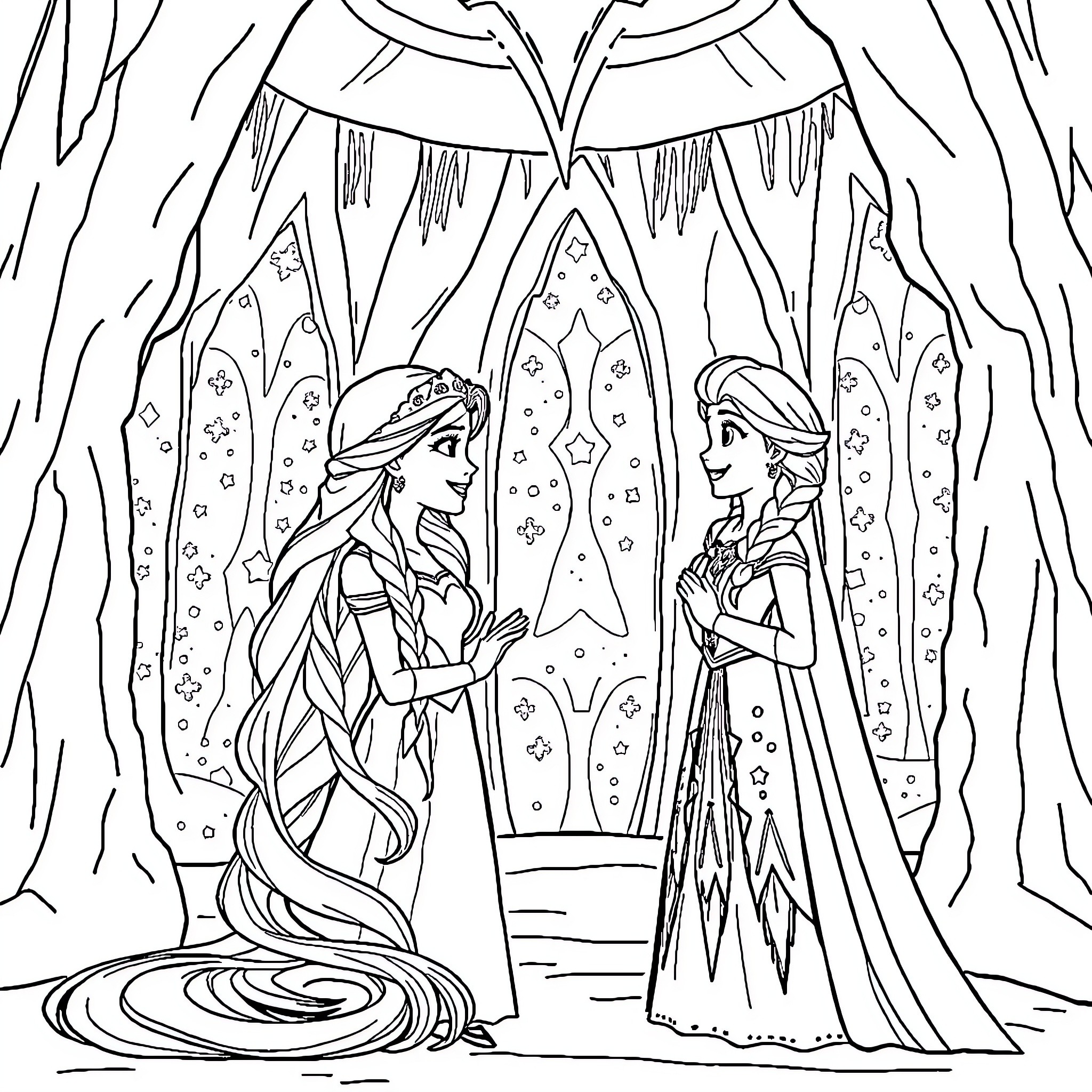 Rapunzel and Elsa sharing a magical moment Coloring Page (free black-and-white line drawing printable PDF for all, from beginners to advanced learners, including children, teens, adults, and seniors)