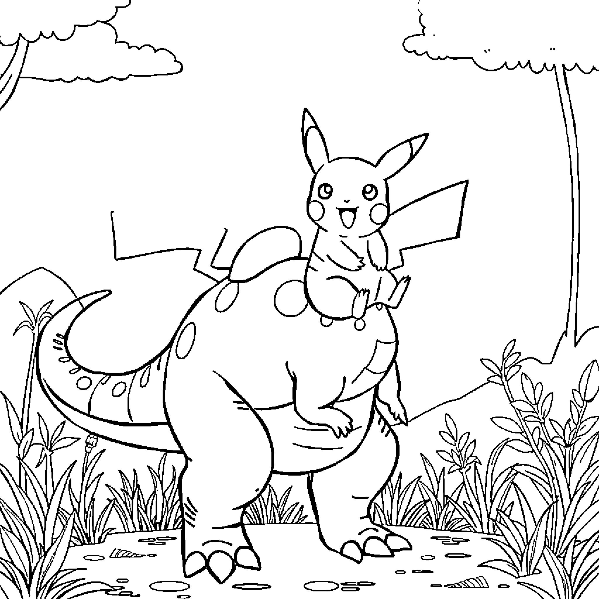 Pikachu exploring the vibrant outdoor scene Coloring Page (free black-and-white line drawing printable PDF for all, from beginners to advanced learners, including children, teens, adults, and seniors)