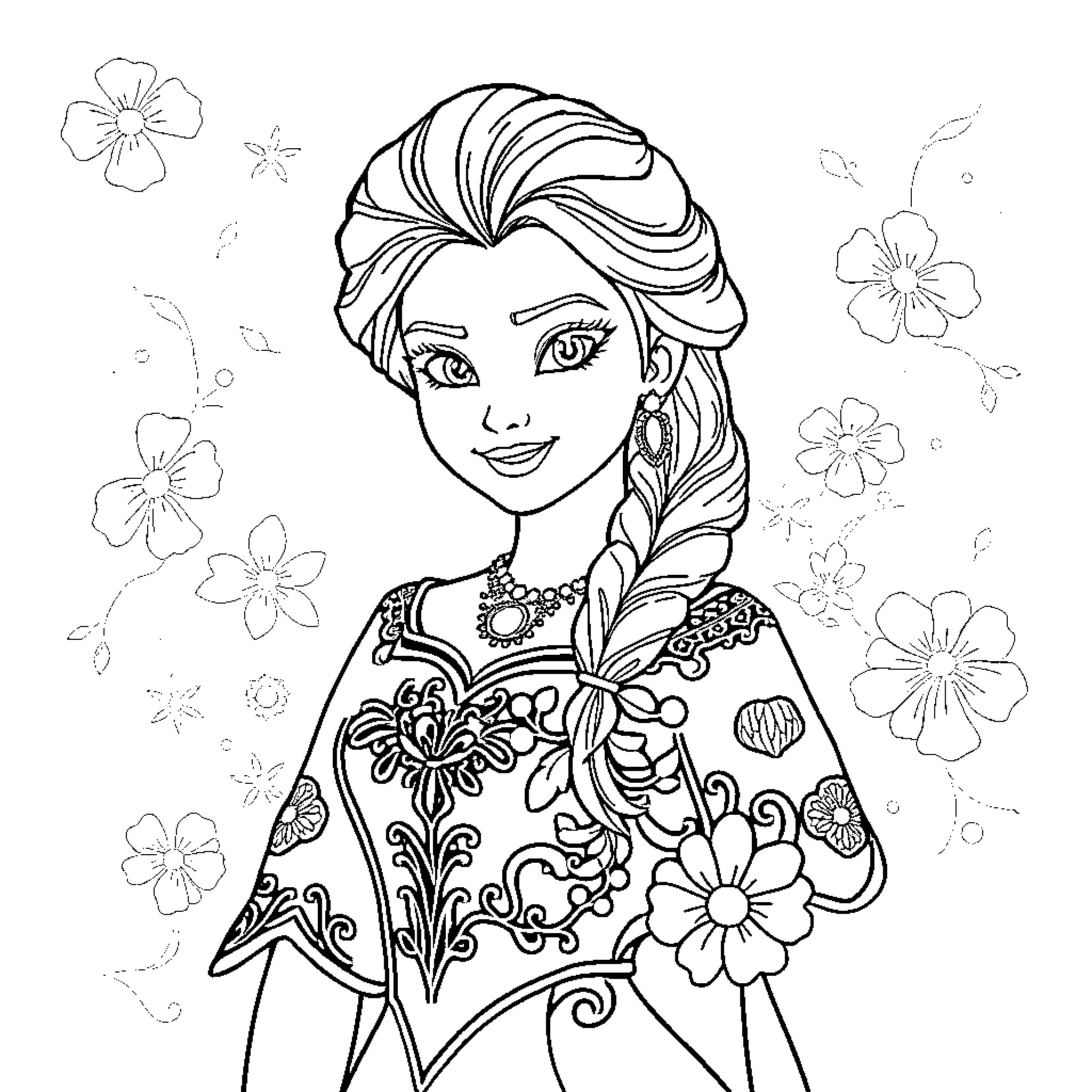 Elsa's Detailed Floral Outfit and Hairstyle Coloring Page (free black-and-white line drawing printable PDF for all, from beginners to advanced learners, including children, teens, adults, and seniors)