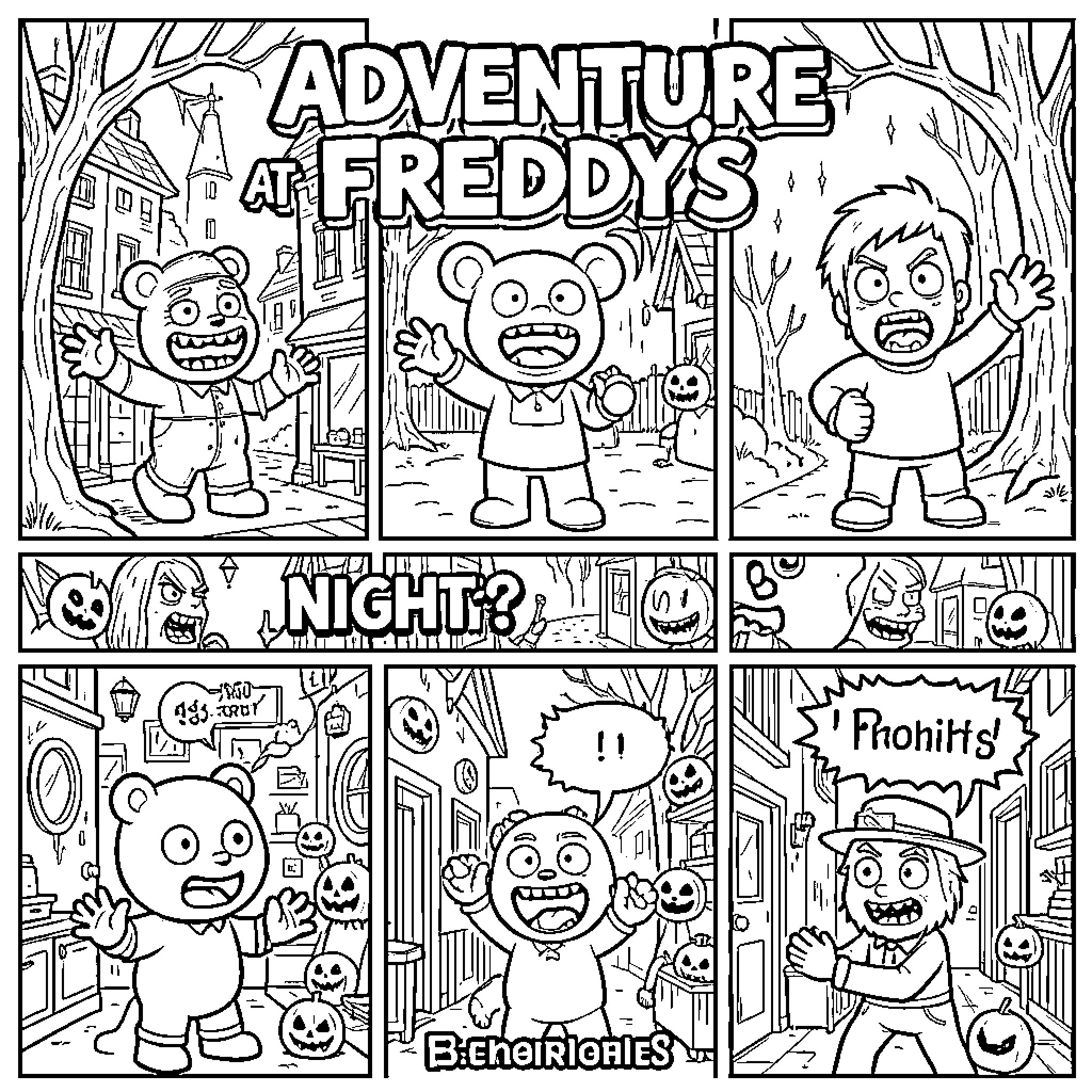 Freddy and friends experiencing a spooky night adventure Coloring Page (free black-and-white line drawing printable PDF for all, from beginners to advanced learners, including children, teens, adults, and seniors)