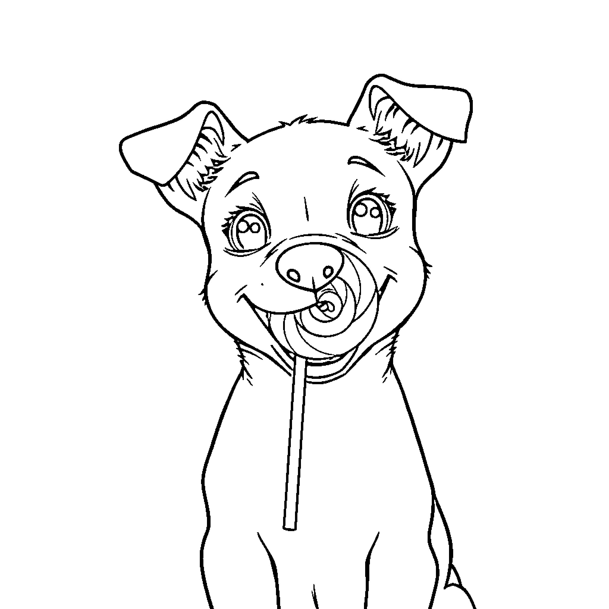 Dog chewing on a lollipop with big eyes Coloring Page (free black-and-white line drawing printable PDF for all, from beginners to advanced learners, including children, teens, adults, and seniors)