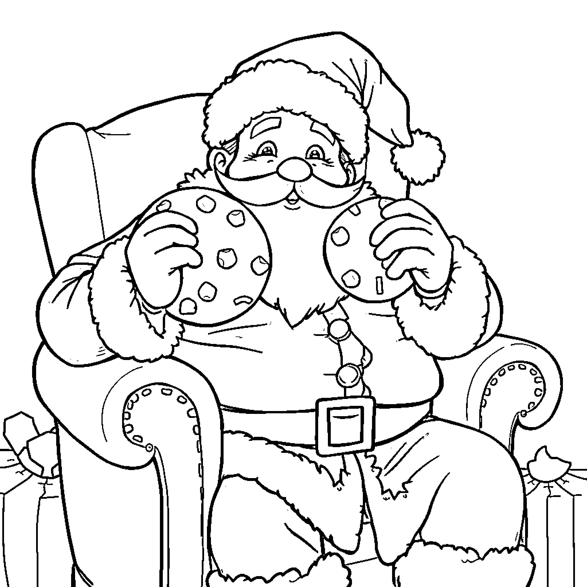 Santa Claus relaxing in his chair Coloring Page (free black-and-white line drawing printable PDF for all, from beginners to advanced learners, including children, teens, adults, and seniors)