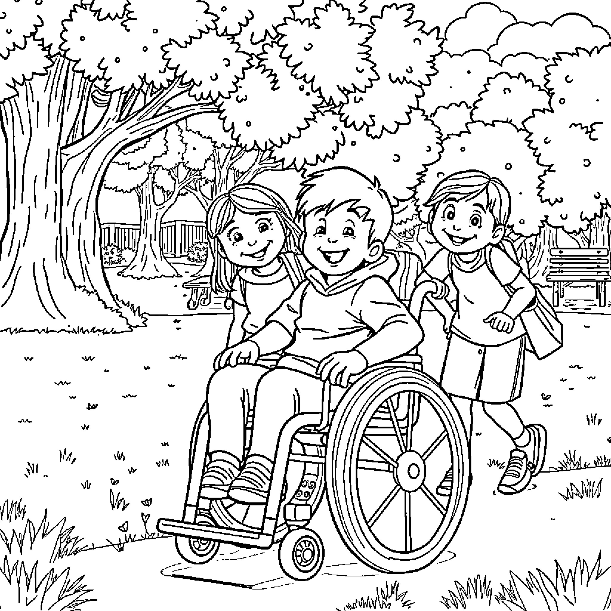 Child with friends enjoying nature in park Coloring Page (free black-and-white line drawing printable PDF for all, from beginners to advanced learners, including children, teens, adults, and seniors)