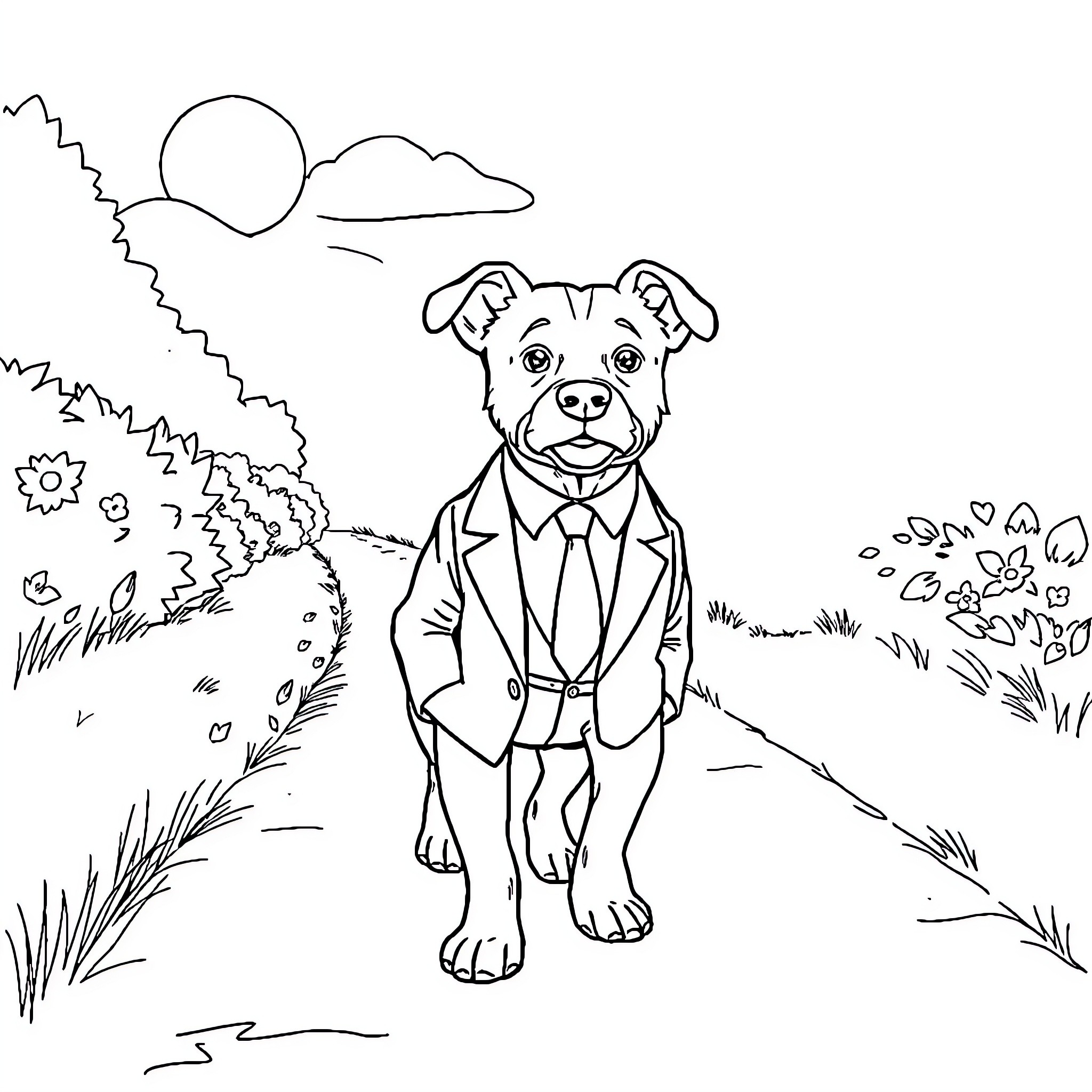 Dog dressed in suit walking on nature path Coloring Page (free black-and-white line drawing printable PDF for all, from beginners to advanced learners, including children, teens, adults, and seniors)