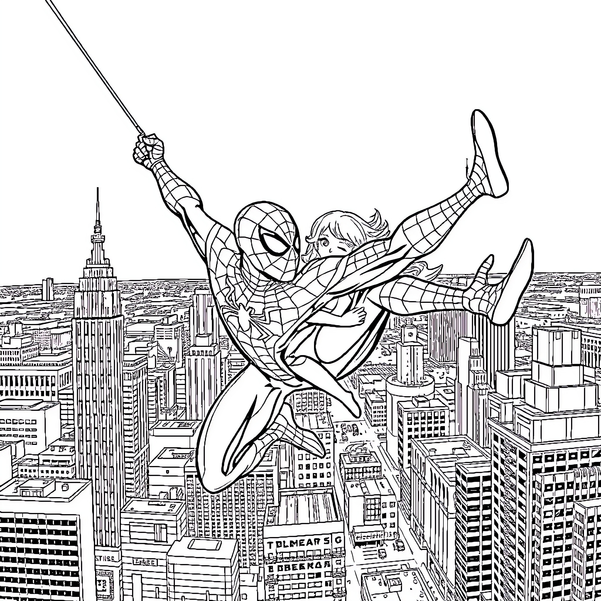 Spiderman swinging through the city skyline Coloring Page (free black-and-white line drawing printable PDF for all, from beginners to advanced learners, including children, teens, adults, and seniors)