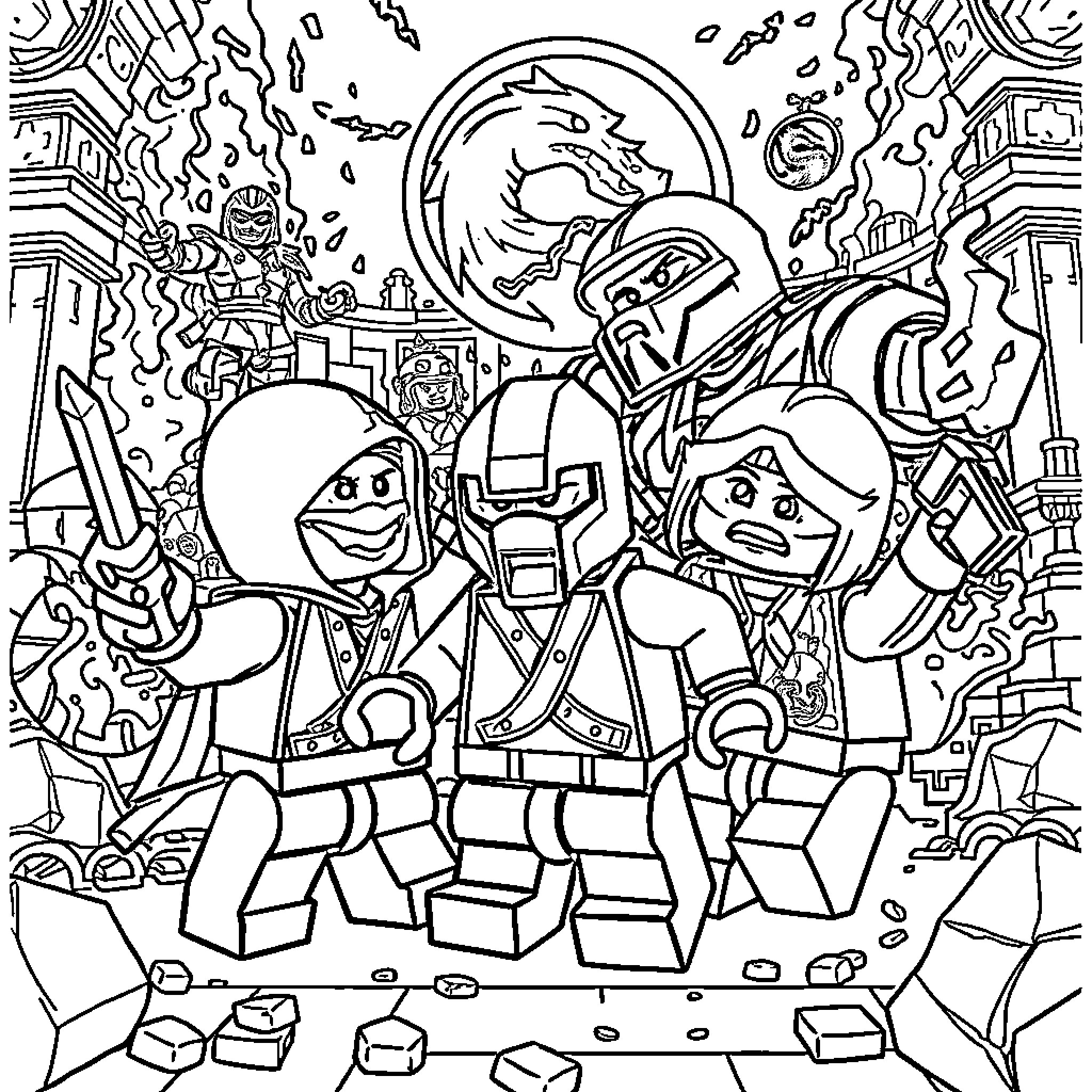 Lego Characters in an Intense Battle Scene Coloring Page (free black-and-white line drawing printable PDF for all, from beginners to advanced learners, including children, teens, adults, and seniors)