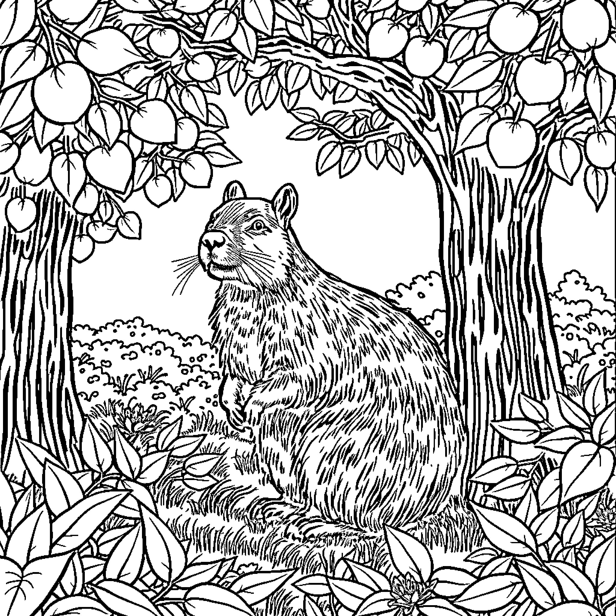 Capybara enjoying nature's tranquility Coloring Page (free black-and-white line drawing printable PDF for all, from beginners to advanced learners, including children, teens, adults, and seniors)