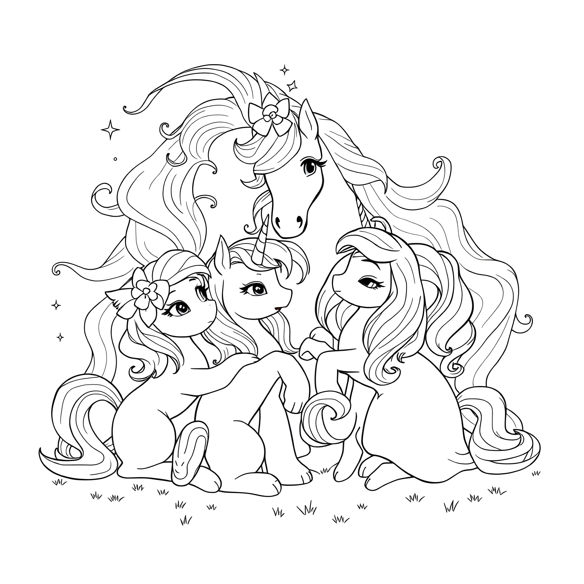 Sophie's Magical Unicorn Family Coloring Page (free black-and-white line drawing printable PDF for all, from beginners to advanced learners, including children, teens, adults, and seniors)