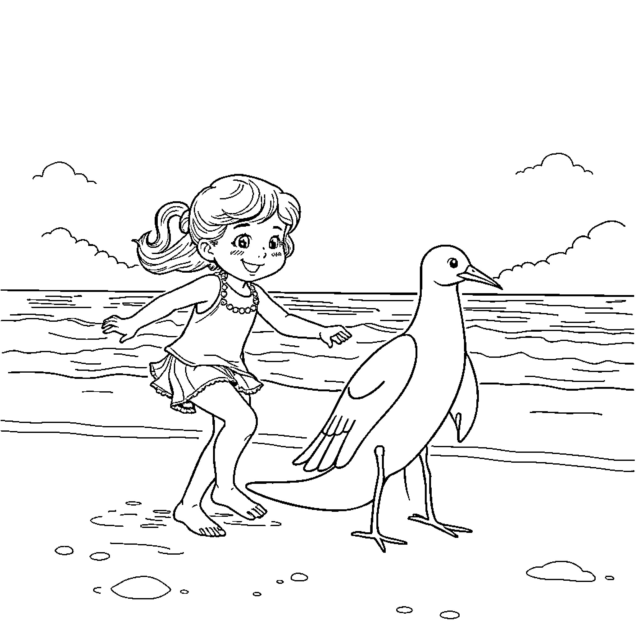 Girl playing joyfully with seabird on the beach Coloring Page (free black-and-white line drawing printable PDF for all, from beginners to advanced learners, including children, teens, adults, and seniors)