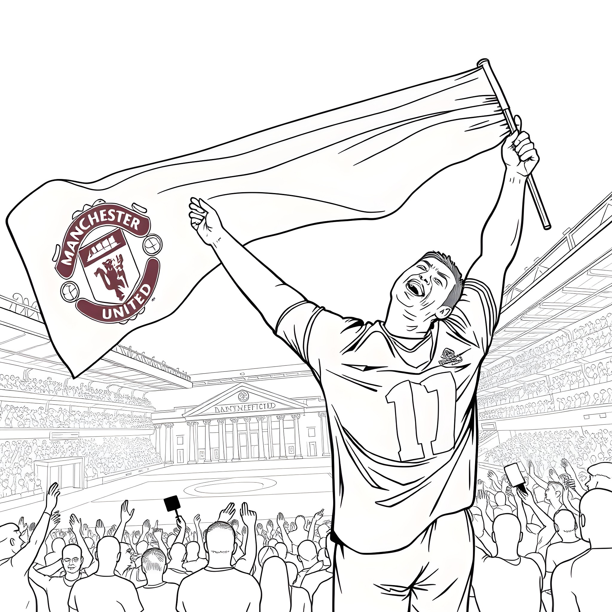 Ronaldo celebrating with Manchester United fans Coloring Page (free black-and-white line drawing printable PDF for all, from beginners to advanced learners, including children, teens, adults, and seniors)