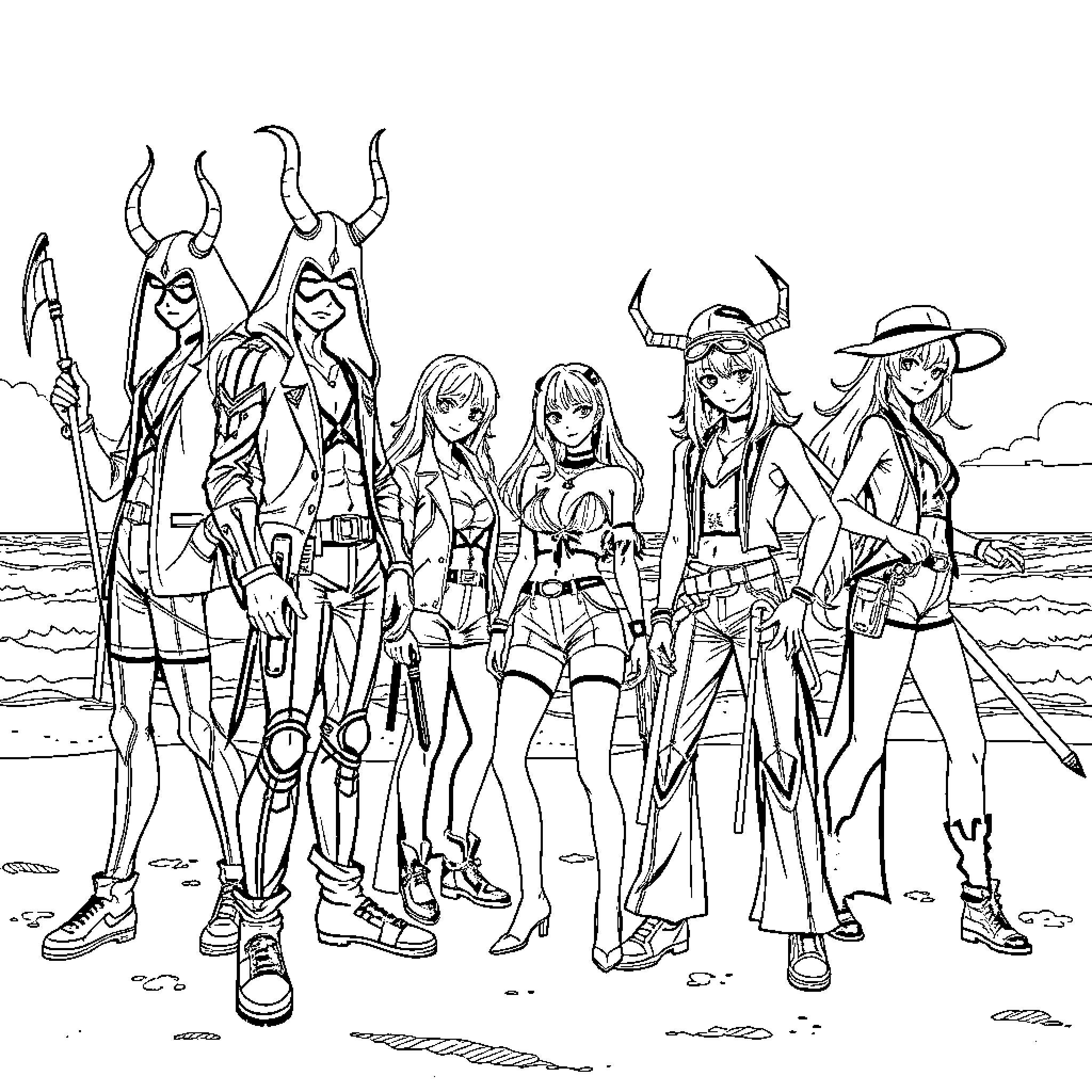 Demon Hunters in Action on the Beach Coloring Page (free black-and-white line drawing printable PDF for all, from beginners to advanced learners, including children, teens, adults, and seniors)